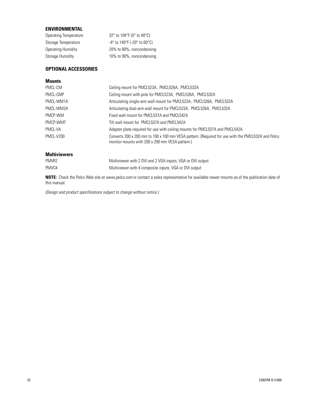 Pelco PMCL537A, PMCL526A, PMCL542A, PMCL532A manual Environmental, Optional Accessories 