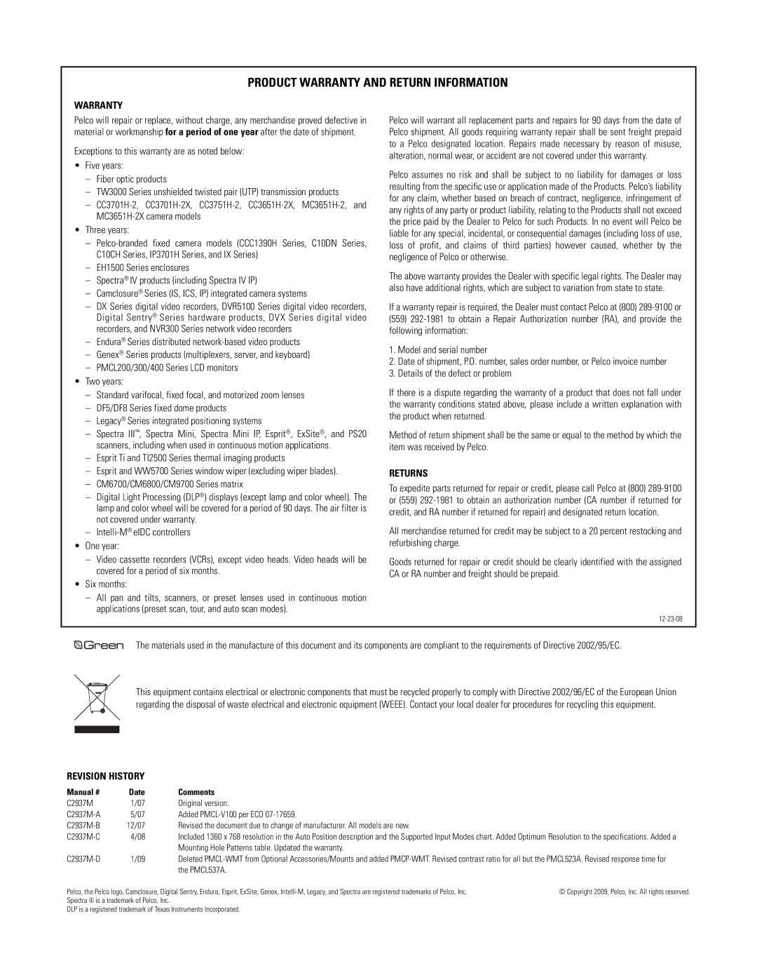 Pelco PMCL532A, PMCL526A, PMCL542A, PMCL537A manual Product Warranty and Return Information 