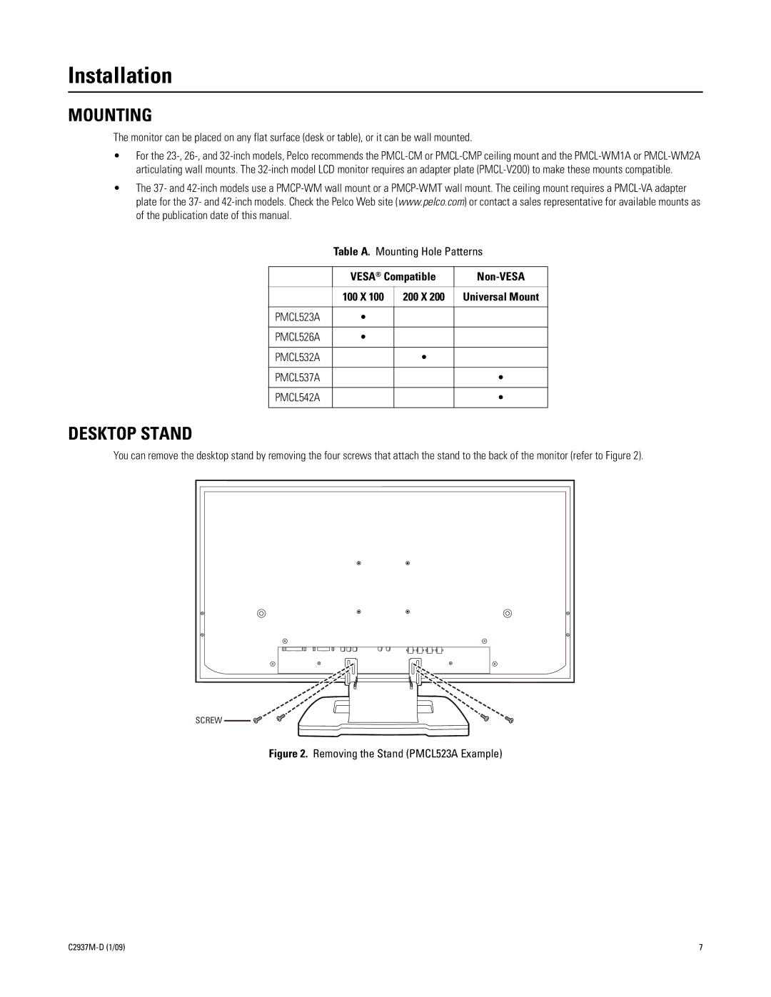 Pelco PMCL532A, PMCL526A, PMCL542A, PMCL537A manual Installation, Mounting, Desktop Stand, Vesa Compatible Non-VESA 