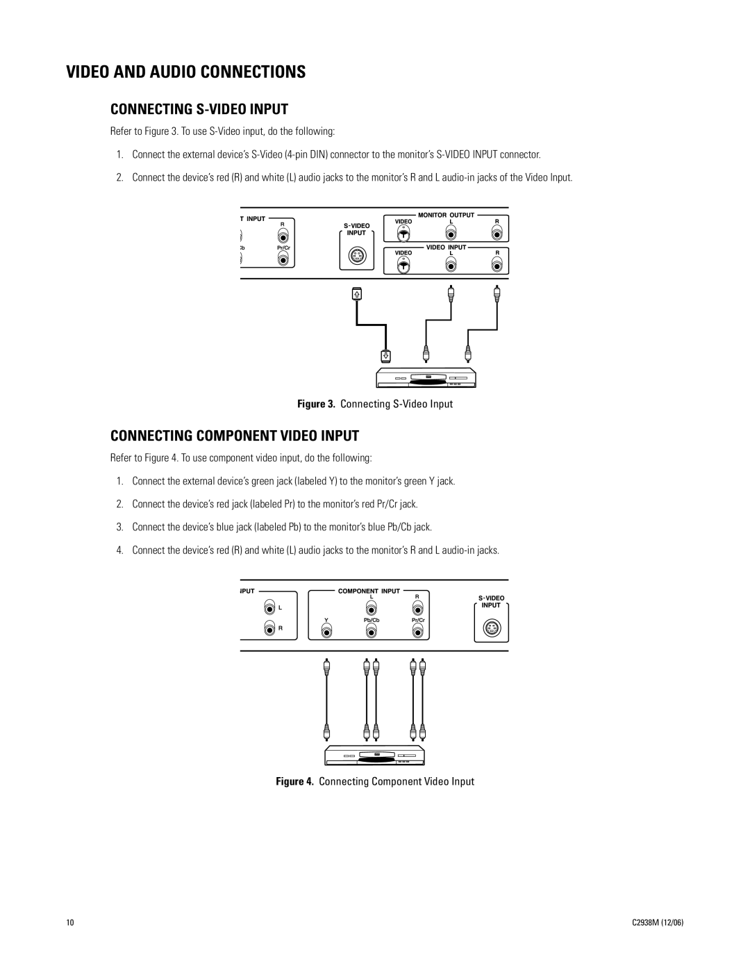 Pelco PMCP660, PMCP650 manual Video and Audio Connections, Connecting S-VIDEO Input, Connecting Component Video Input 