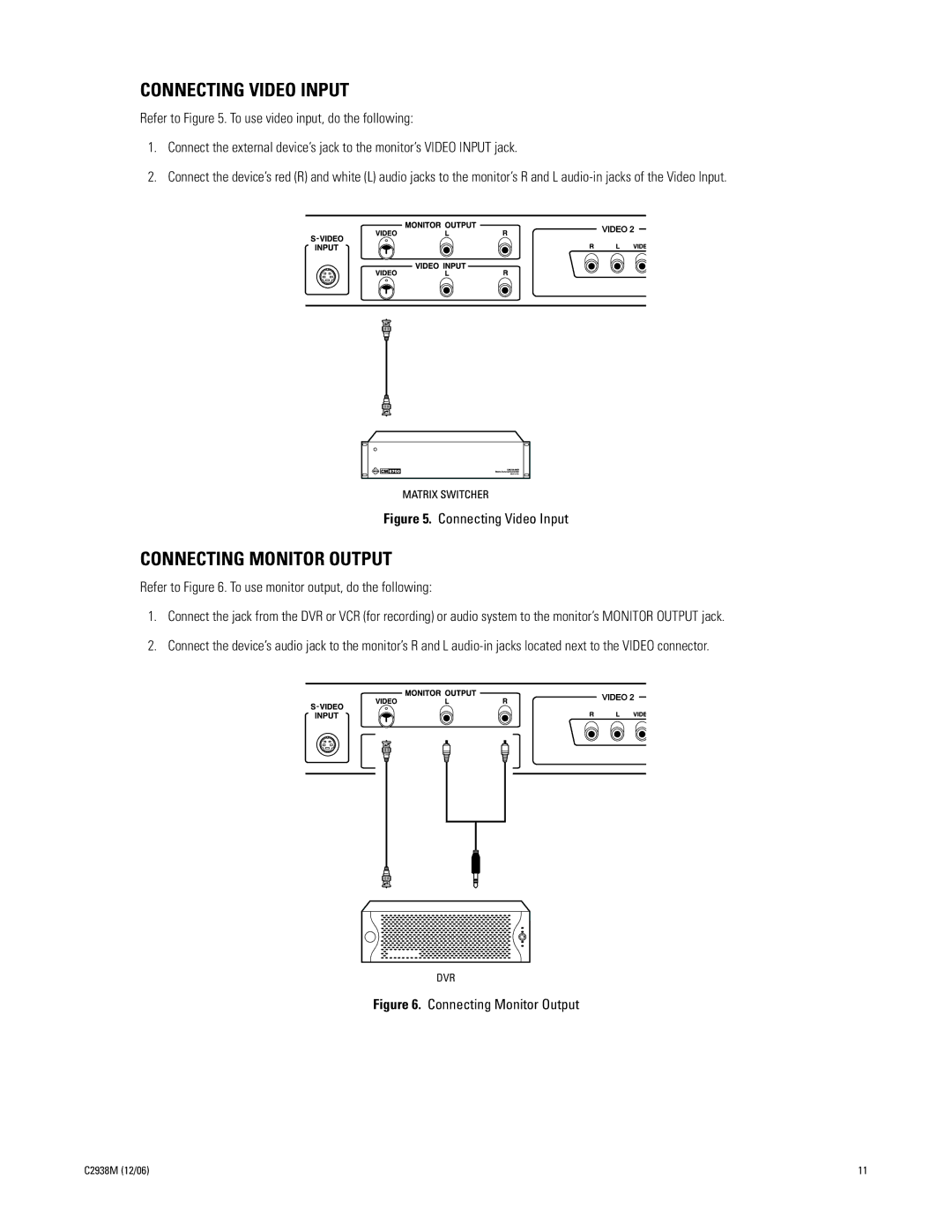 Pelco PMCP650, PMCP660 manual Connecting Video Input, Connecting Monitor Output 