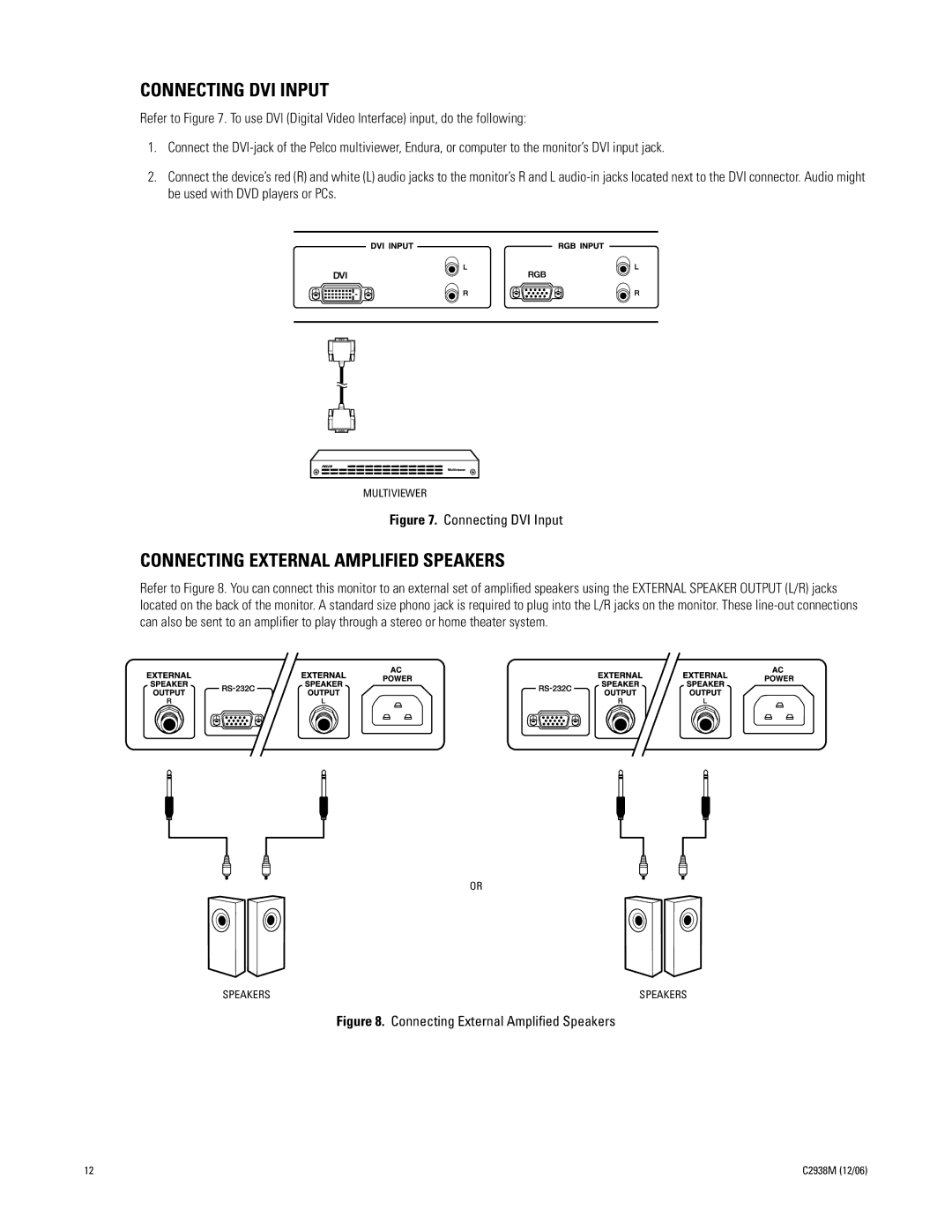 Pelco PMCP660, PMCP650 manual Connecting DVI Input, Connecting External Amplified Speakers 