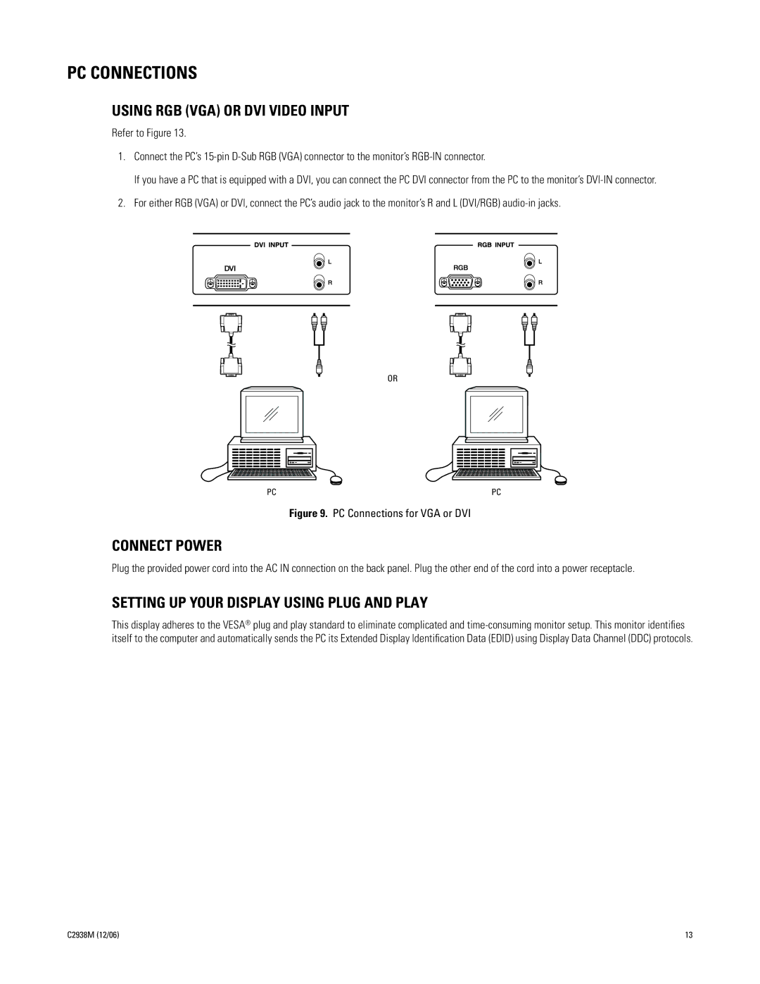 Pelco PMCP650 PC Connections, Using RGB VGA or DVI Video Input, Connect Power, Setting UP Your Display Using Plug and Play 