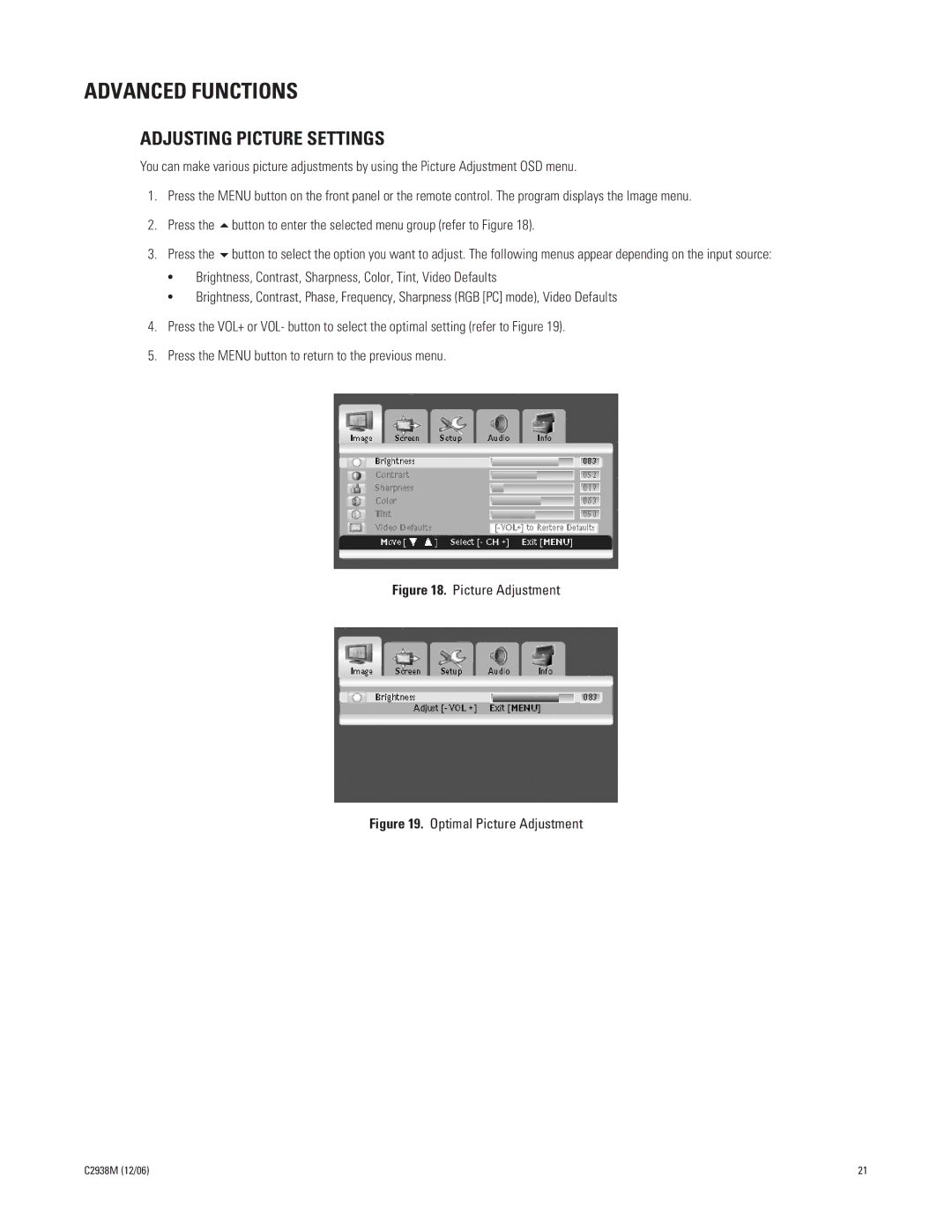 Pelco PMCP650, PMCP660 manual Advanced Functions, Adjusting Picture Settings 