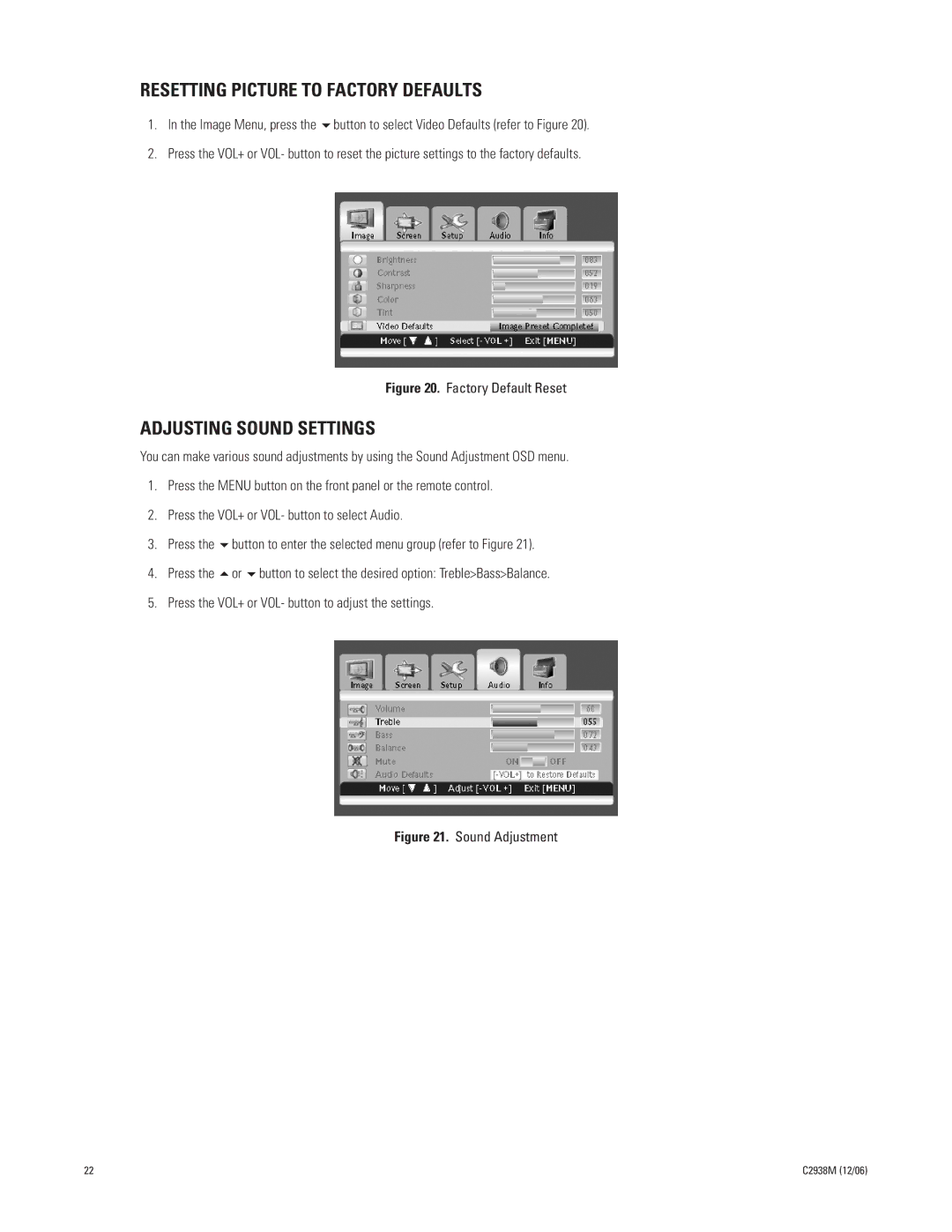 Pelco PMCP660, PMCP650 manual Resetting Picture to Factory Defaults, Adjusting Sound Settings 