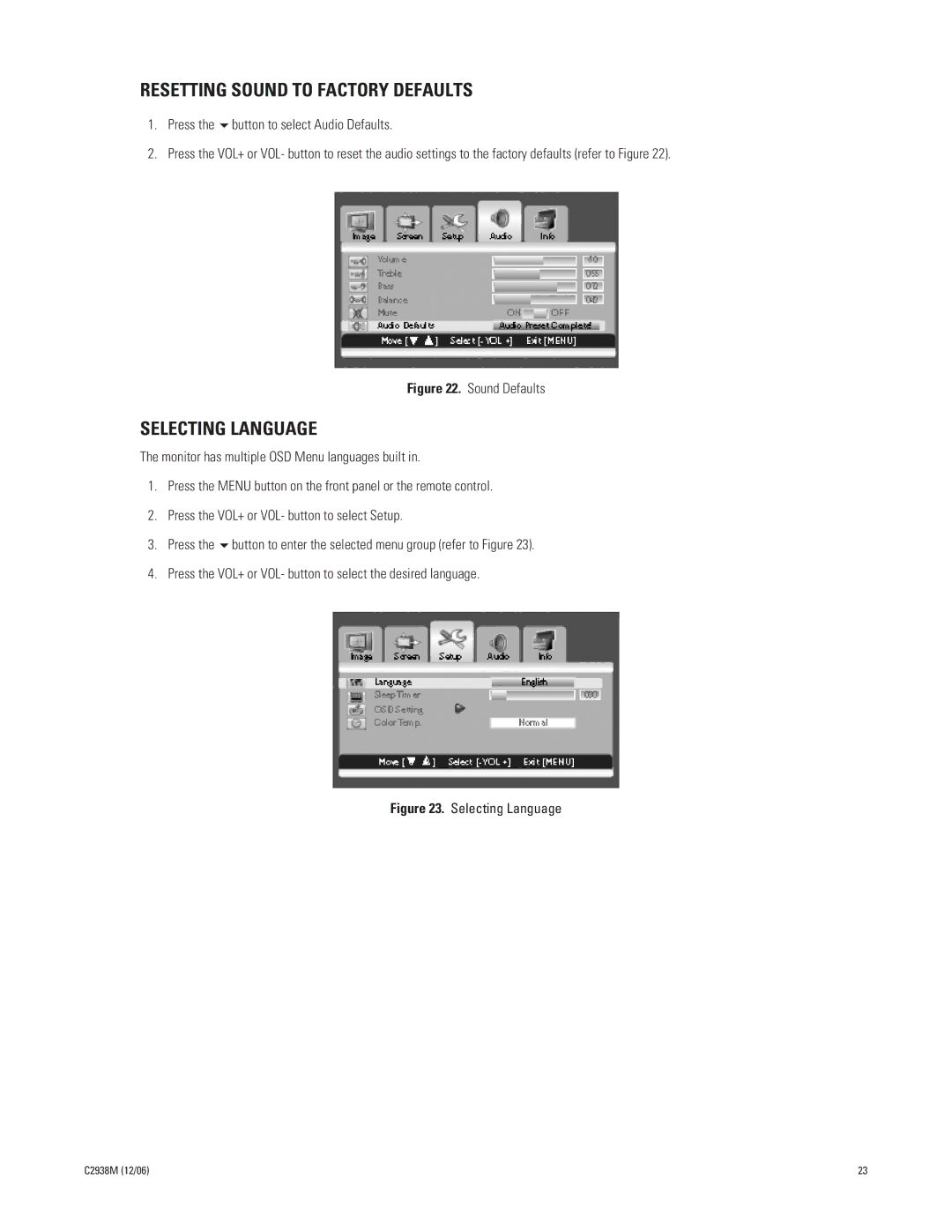 Pelco PMCP650, PMCP660 manual Resetting Sound to Factory Defaults, Selecting Language 