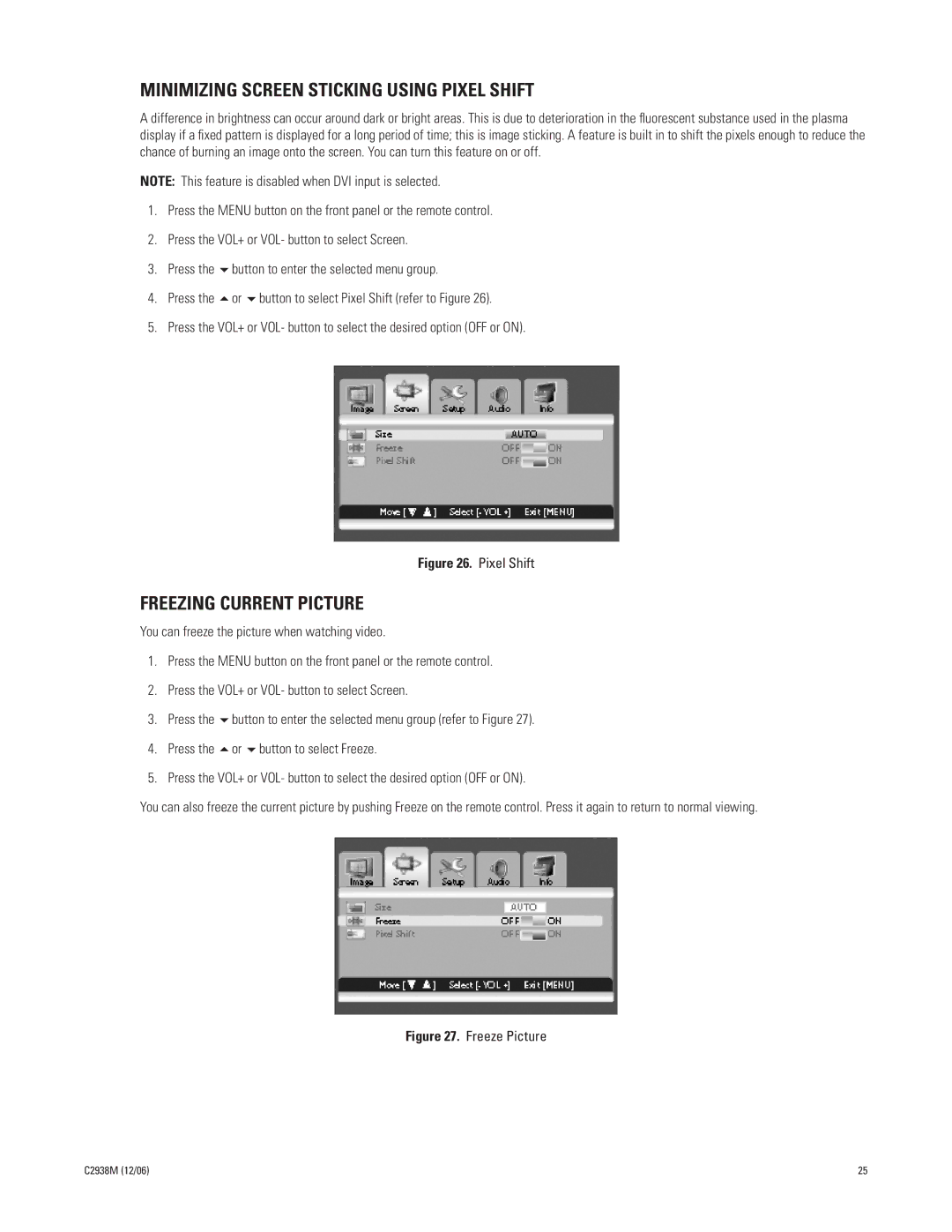 Pelco PMCP650, PMCP660 manual Minimizing Screen Sticking Using Pixel Shift, Freezing Current Picture 