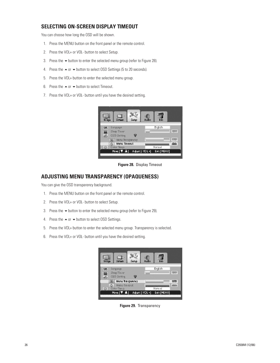 Pelco PMCP660, PMCP650 manual Selecting ON-SCREEN Display Timeout, Adjusting Menu Transparency Opaqueness 