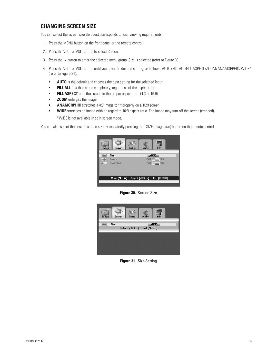 Pelco PMCP650, PMCP660 manual Changing Screen Size 