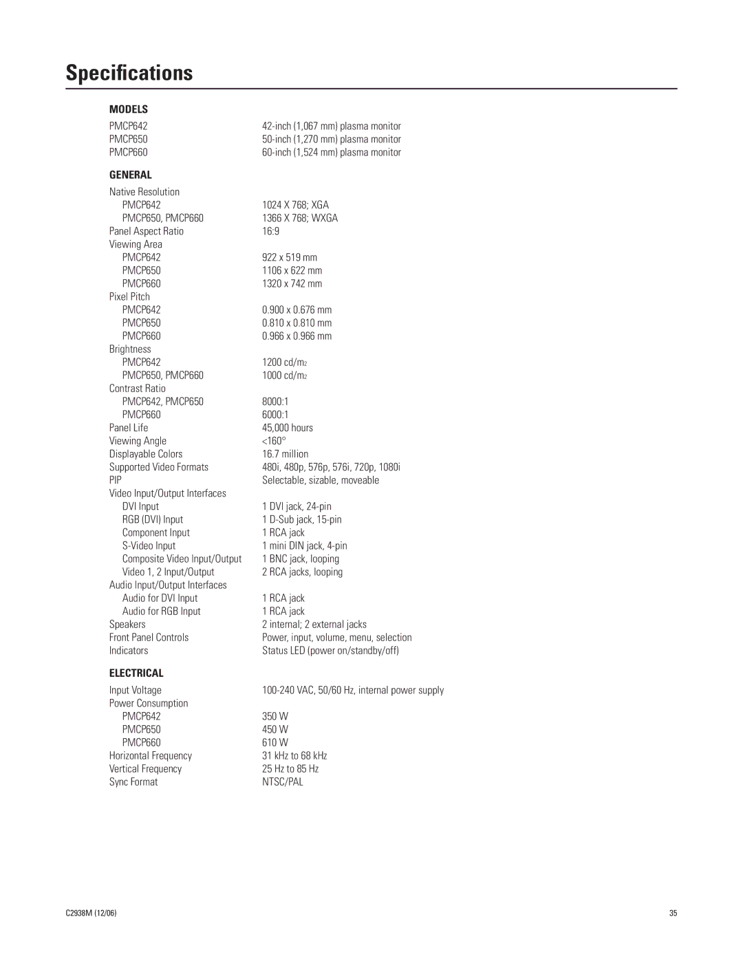 Pelco PMCP650, PMCP660 manual Speciﬁcations, General 