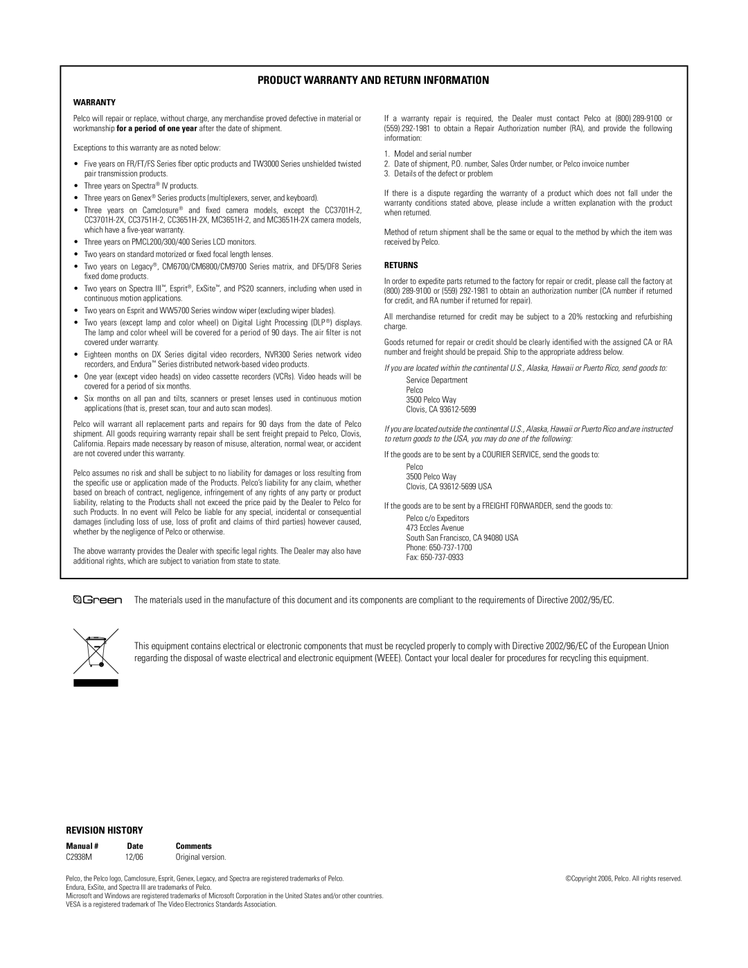 Pelco PMCP650, PMCP660 manual Product Warranty and Return Information 