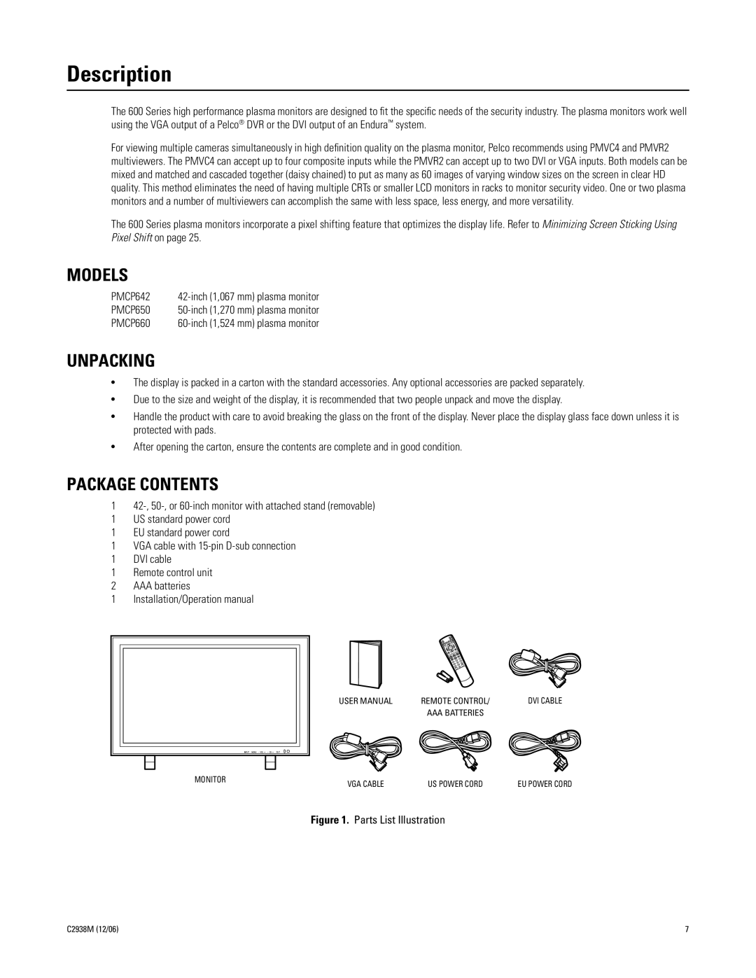 Pelco PMCP650, PMCP660 manual Description, Models, Unpacking, Package Contents 