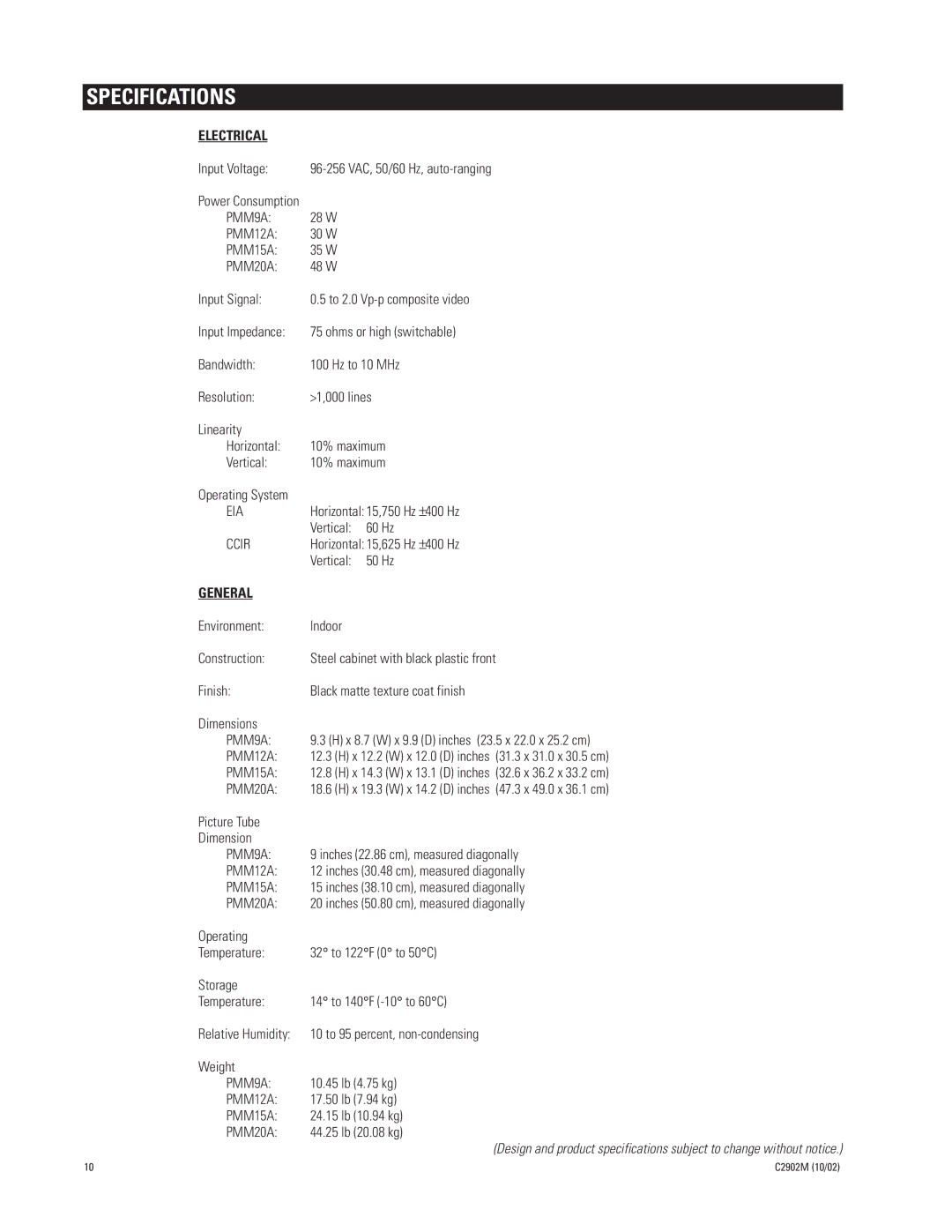 Pelco PMM20A, PMM15A, PMM12A manual Specifications, Electrical 