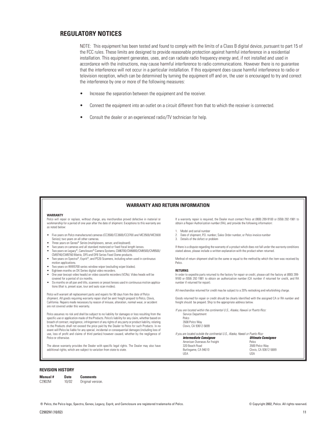 Pelco PMM12A, PMM15A, PMM20A manual Regulatory Notices, Warranty and Return Information 