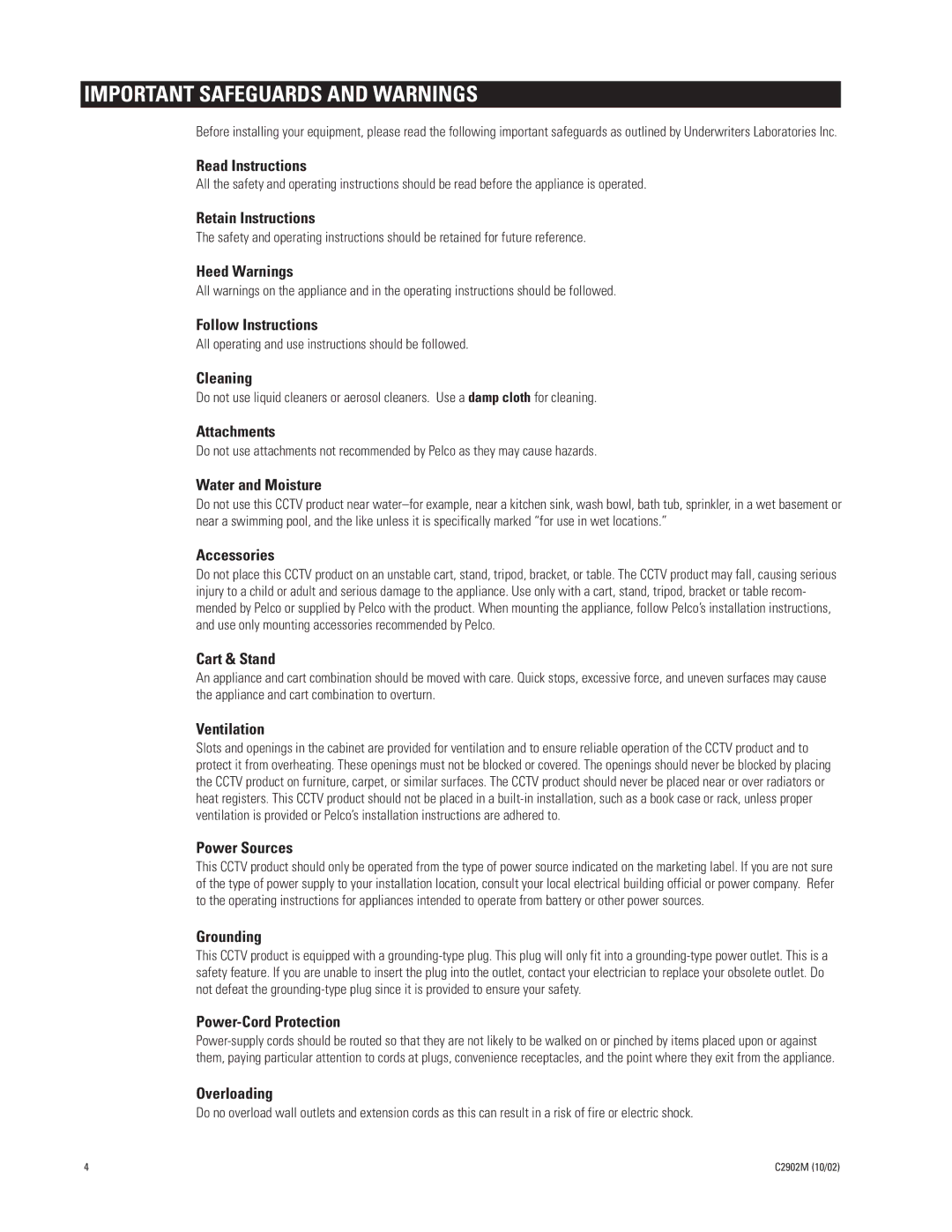 Pelco PMM20A, PMM15A, PMM12A manual Important Safeguards and Warnings, Water and Moisture 