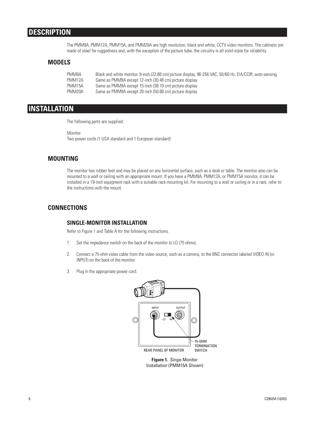 Pelco PMM15A, PMM20A, PMM12A manual Description, Installation, Models, Mounting, Connections 