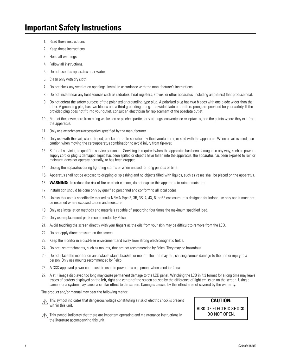 Pelco pmp-cwv9r manual Important Safety Instructions 