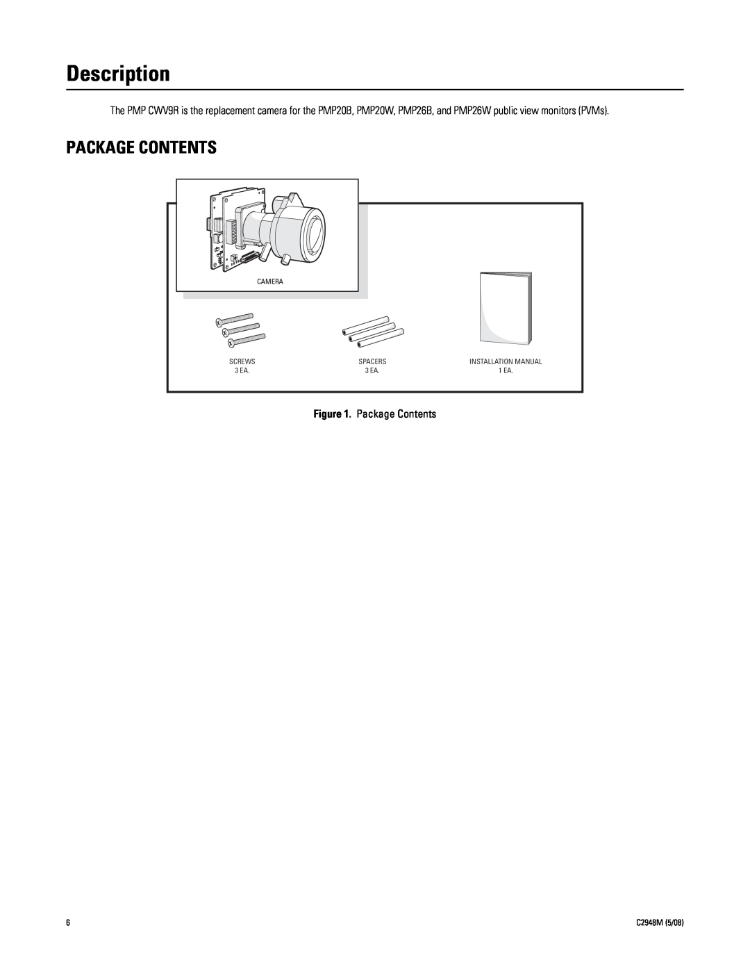 Pelco pmp-cwv9r manual Description, Package Contents, Screws, Spacers, Installation Manual, 3 EA, 1 EA 
