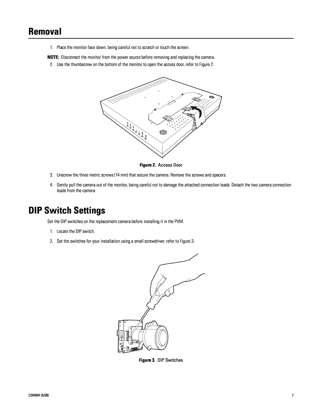 Pelco pmp-cwv9r manual Removal, DIP Switch Settings 