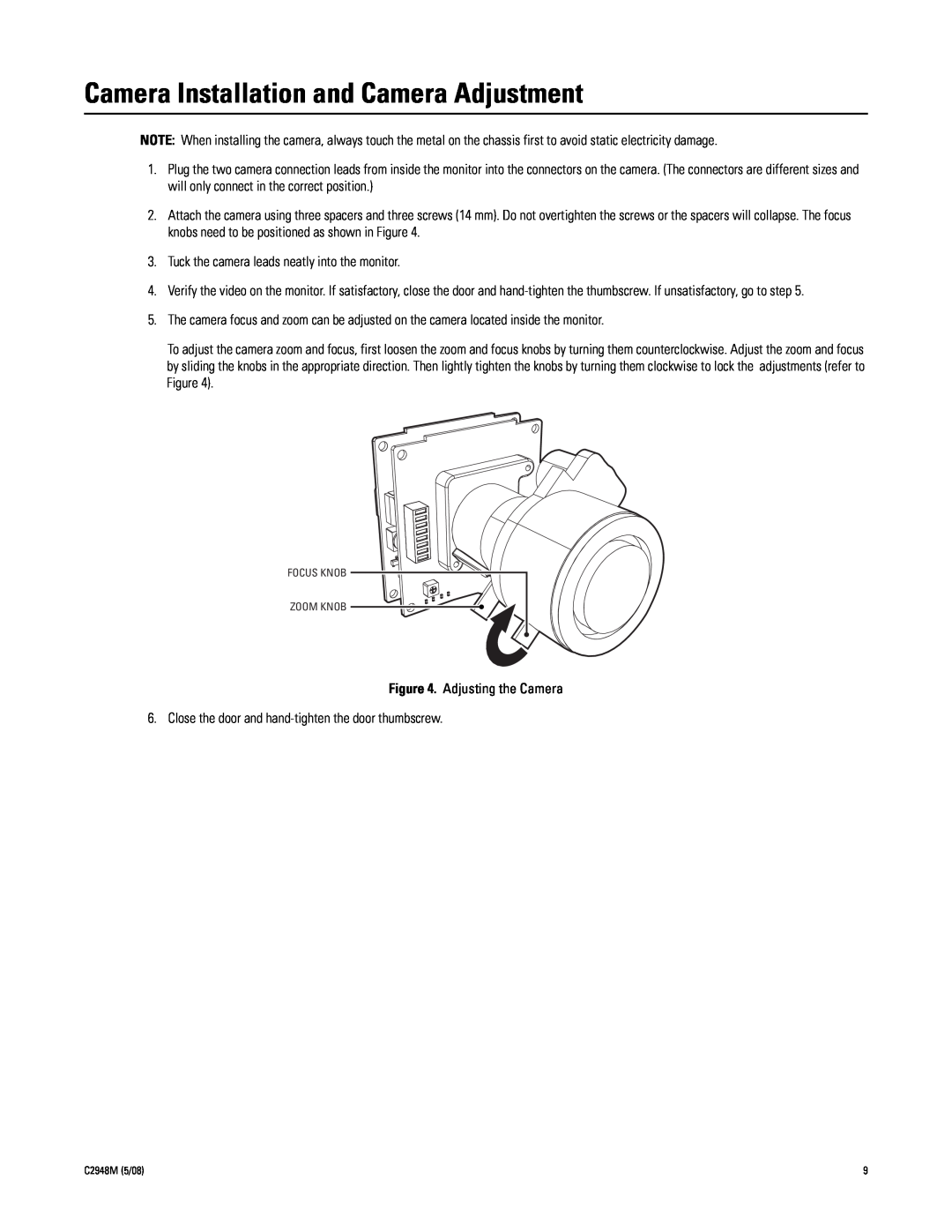 Pelco pmp-cwv9r manual Camera Installation and Camera Adjustment 