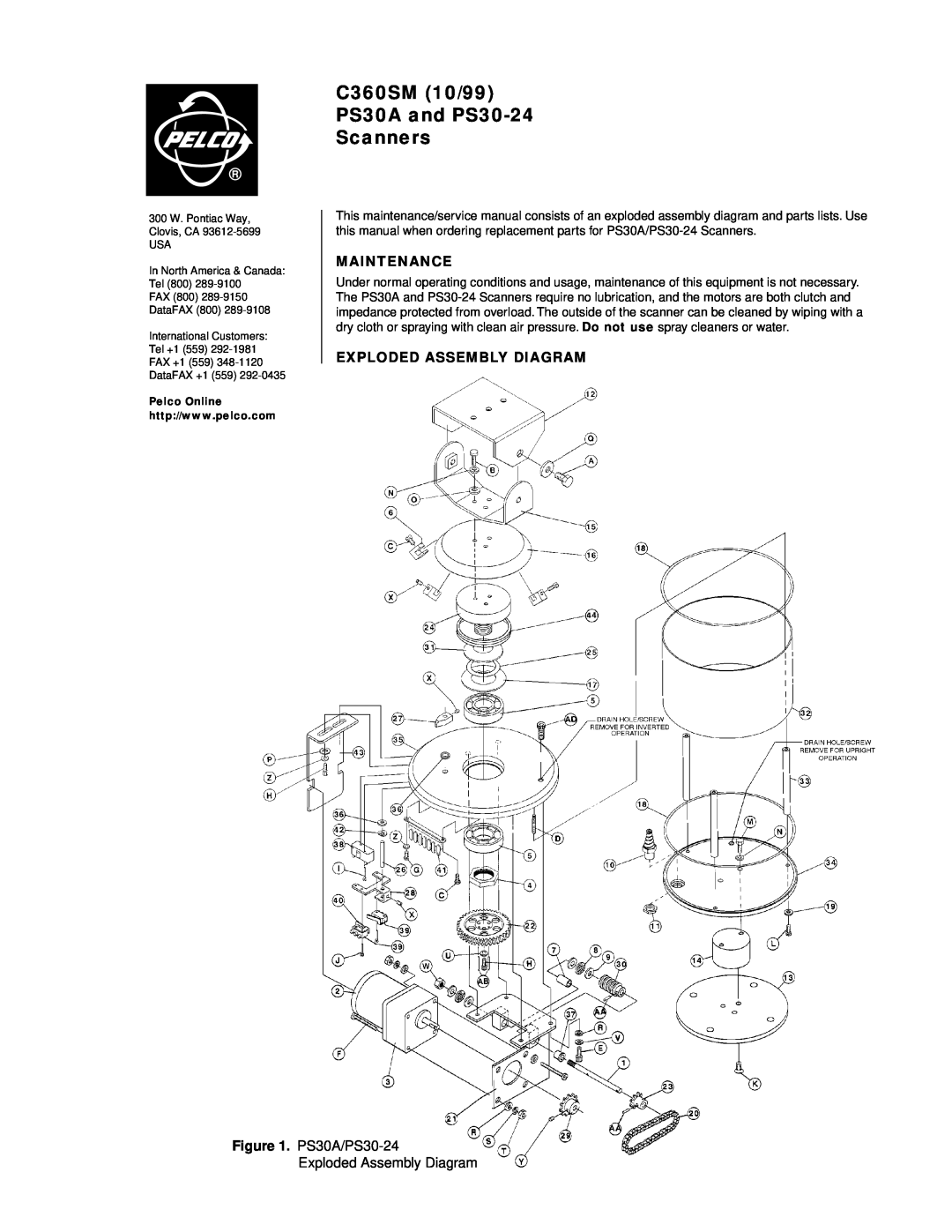 Pelco service manual Maintenance, PS30A/PS30-24Exploded Assembly Diagram, C360SM 10/99 PS30A and PS30-24 Scanners 
