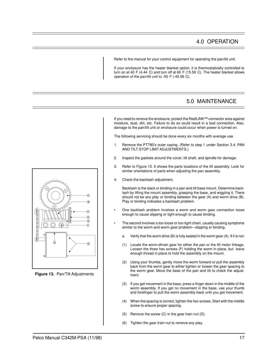 Pelco PT780-24SL/PPSA operation manual Operation, Maintenance 