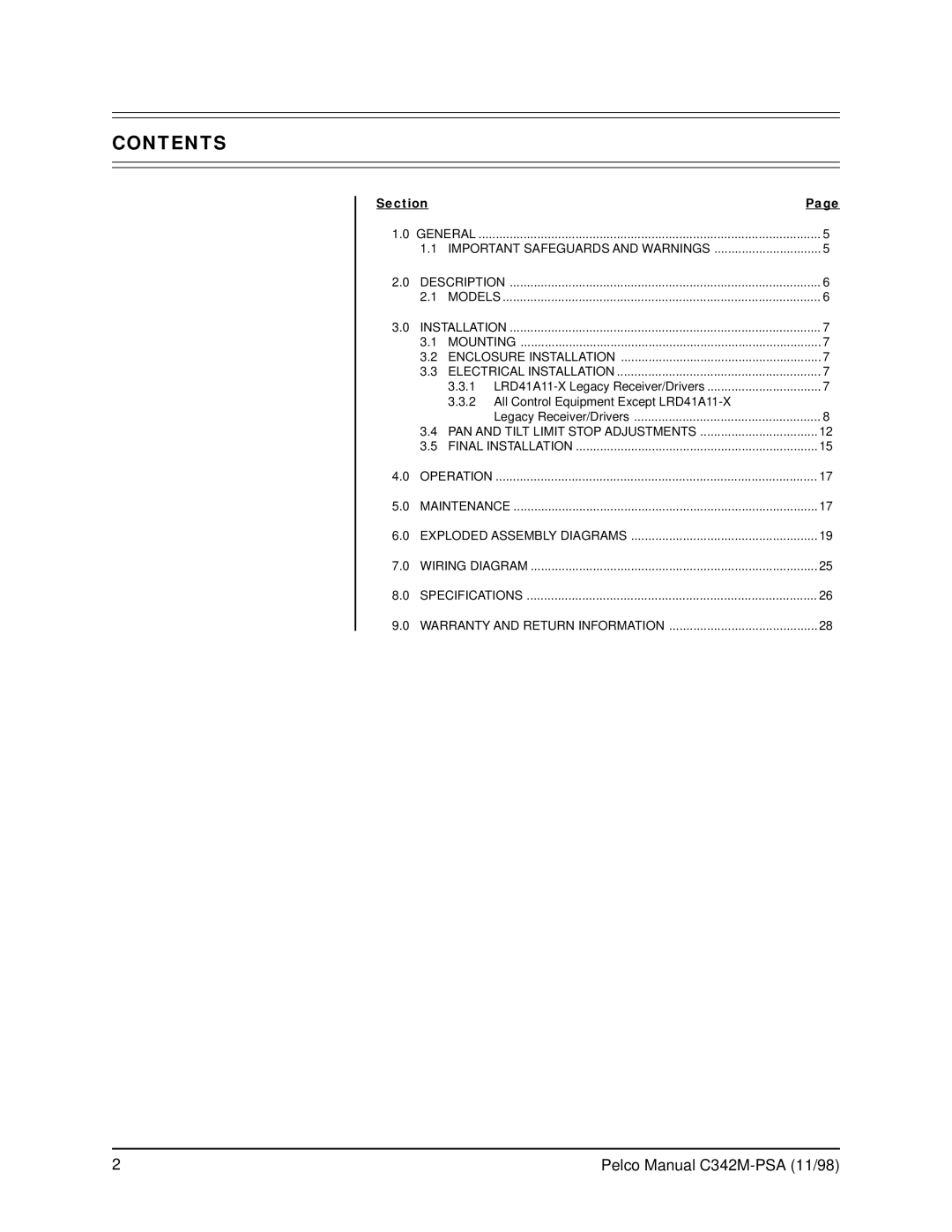 Pelco PT780-24SL/PPSA operation manual Contents 