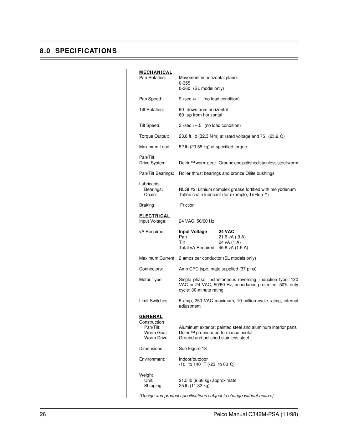 Pelco PT780-24SL/PPSA operation manual Specifications, Input Voltage 24 VAC 