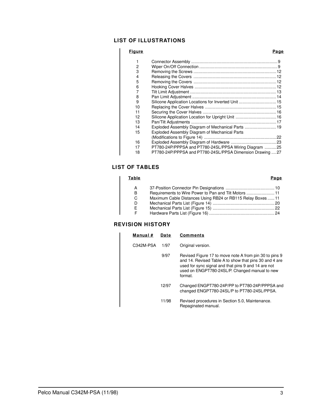 Pelco PT780-24SL/PPSA operation manual List of Illustrations, List of Tables, Revision History, Manual # Date Comments 