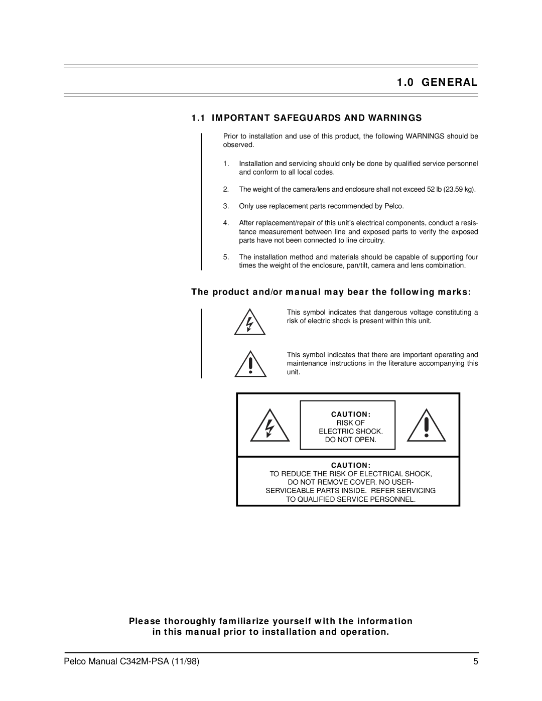 Pelco PT780-24SL/PPSA operation manual General, Important Safeguards and Warnings 