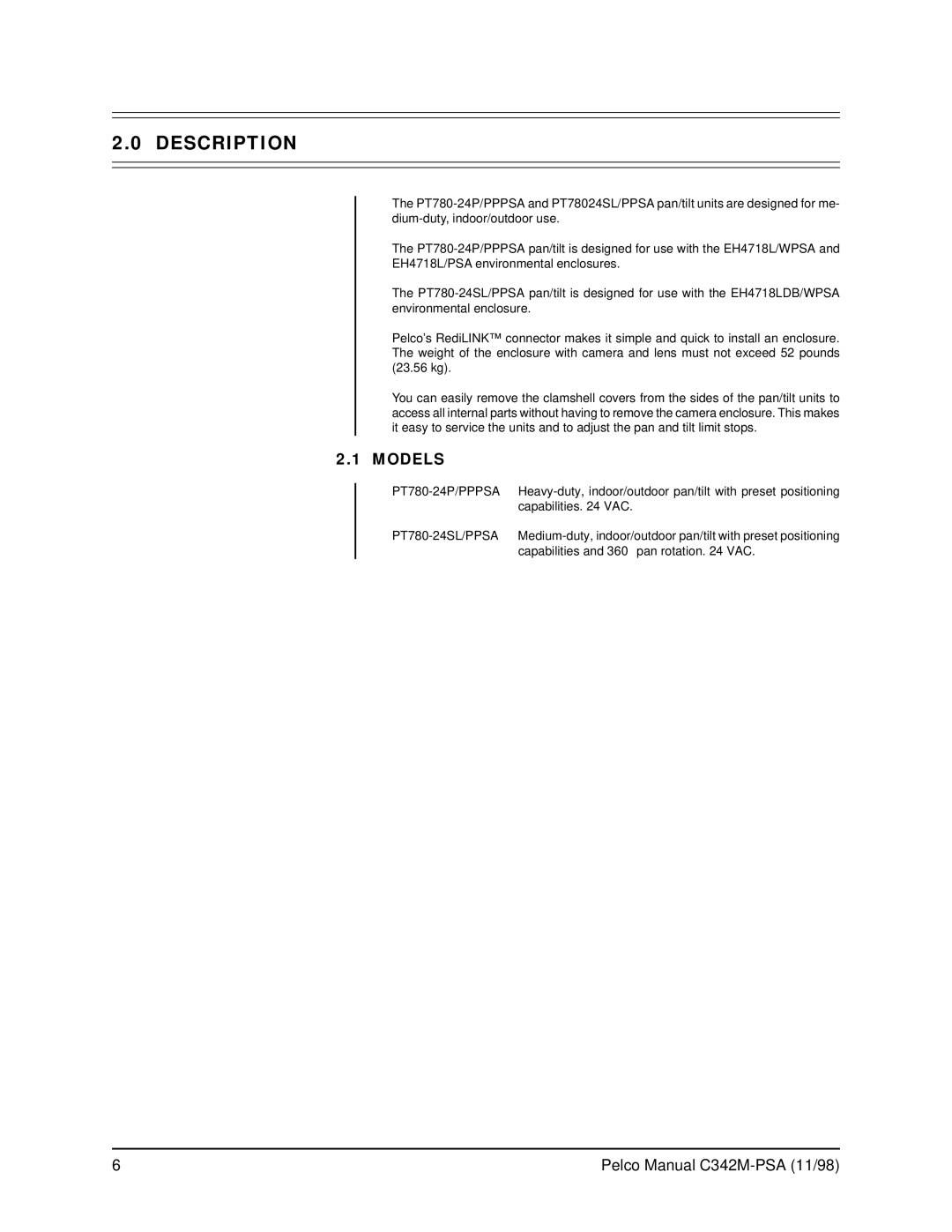 Pelco PT780-24SL/PPSA operation manual Description, Models 