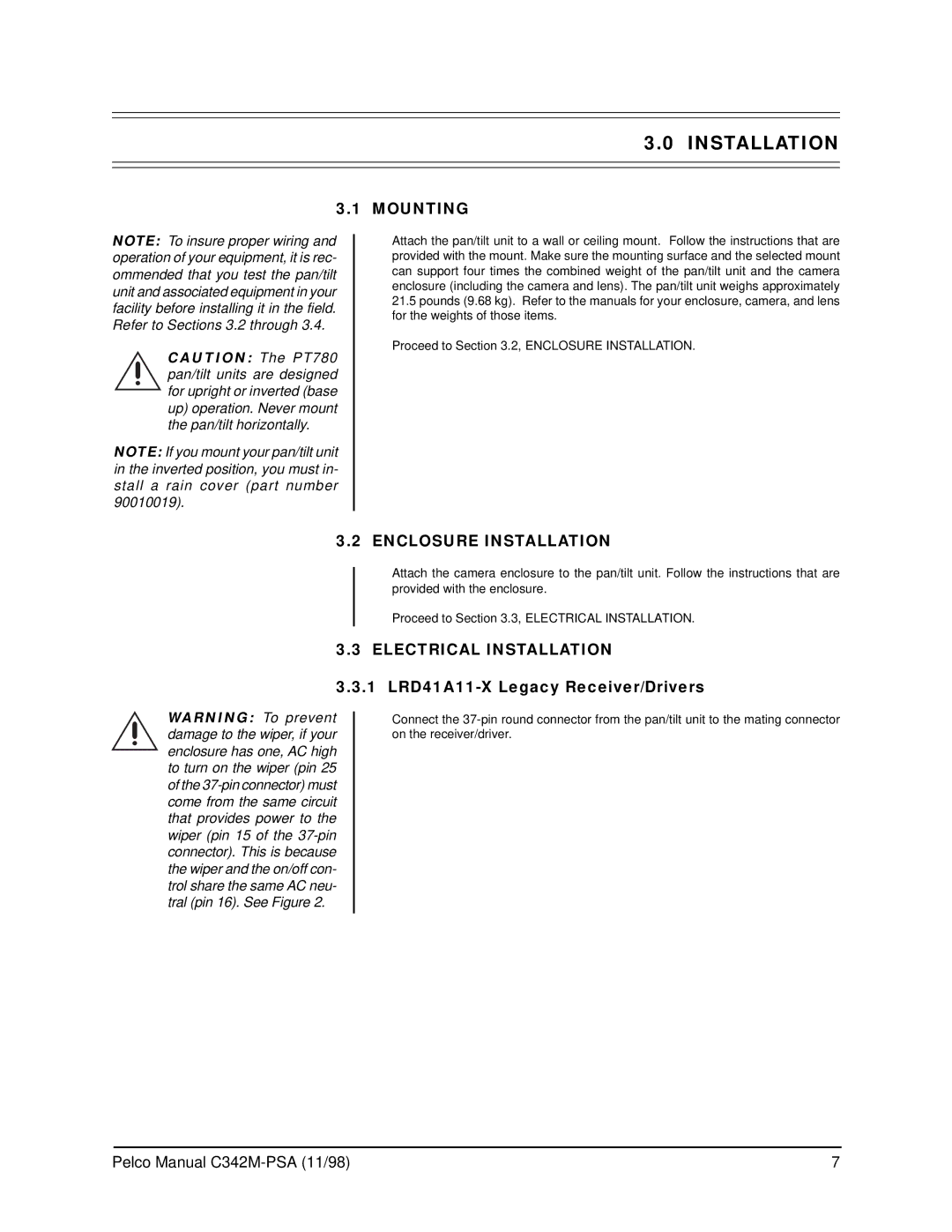 Pelco PT780-24SL/PPSA operation manual Mounting, Enclosure Installation, Electrical Installation 