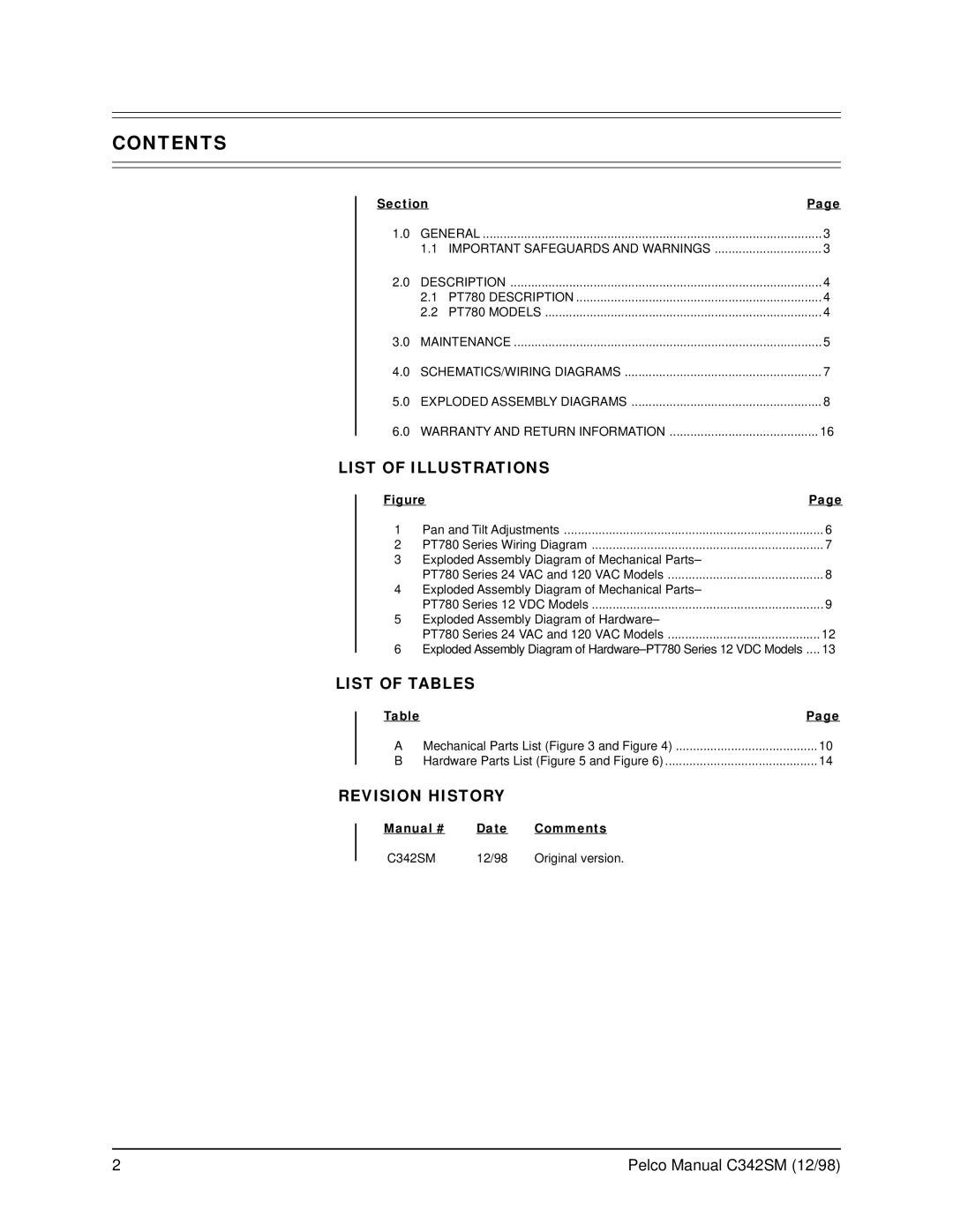 Pelco PT780 service manual Contents 