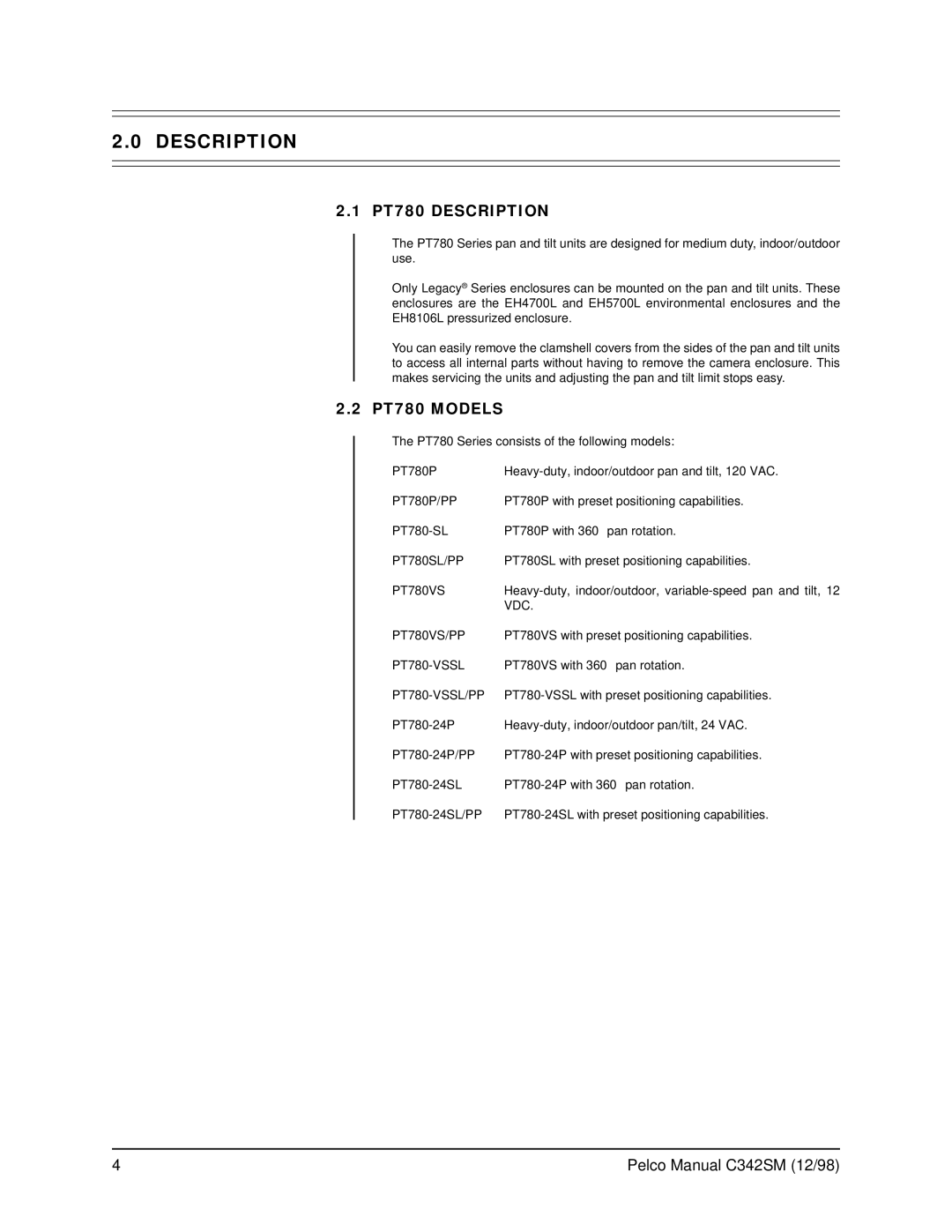 Pelco PT780 service manual Description 