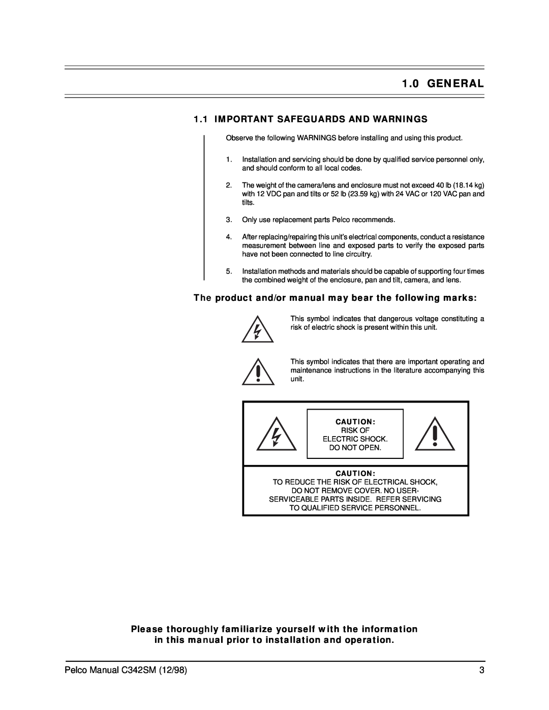 Pelco PT780 service manual General, Important Safeguards And Warnings, Pelco Manual C342SM 12/98 