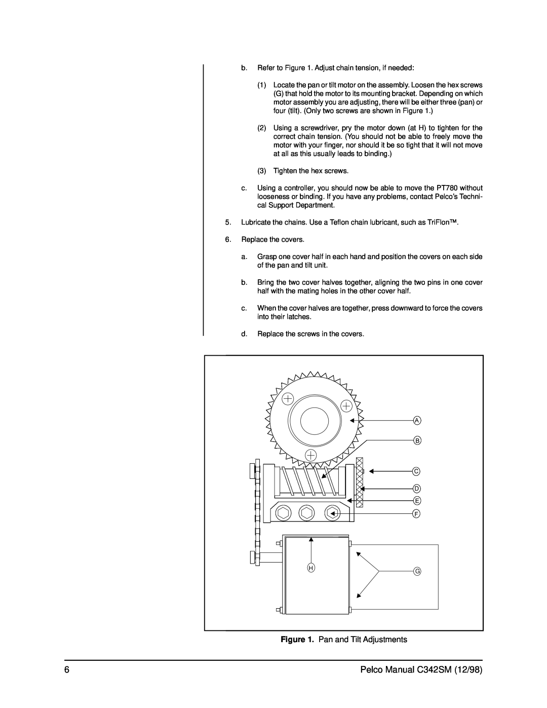 Pelco PT780 service manual Pan and Tilt Adjustments, Pelco Manual C342SM 12/98 
