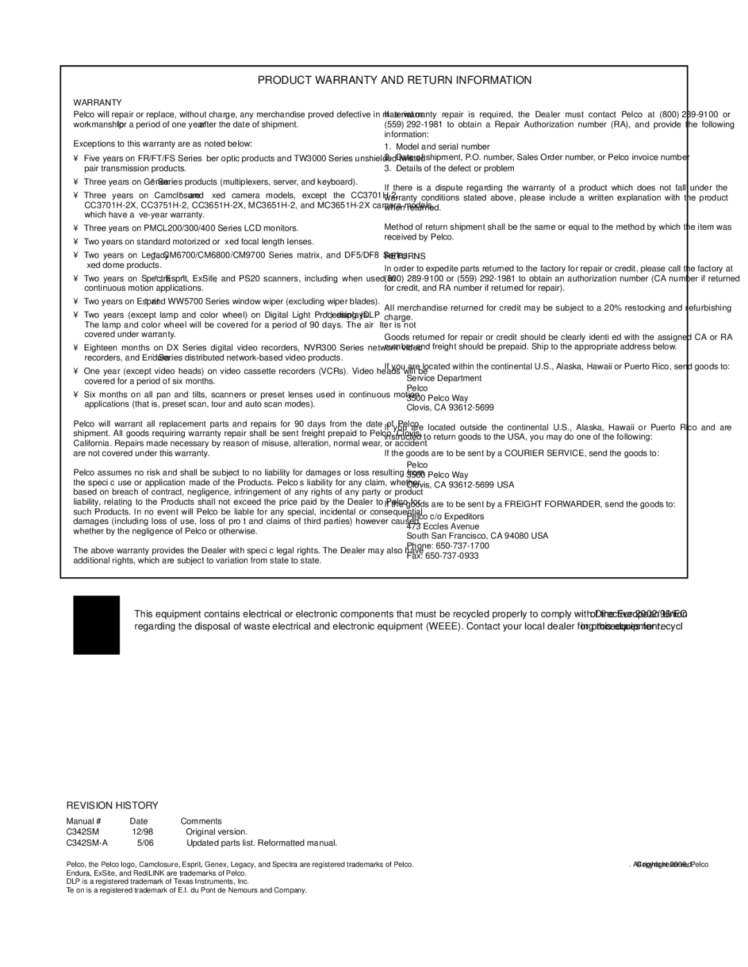 Pelco PT7800 manual Product Warranty and Return Information 