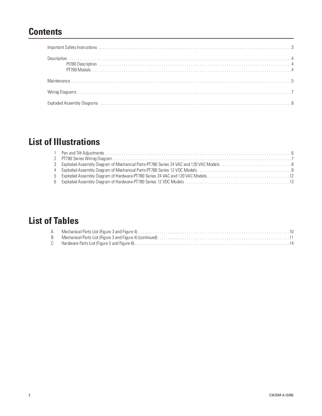 Pelco PT7800 manual Contents, List of Illustrations, List of Tables 