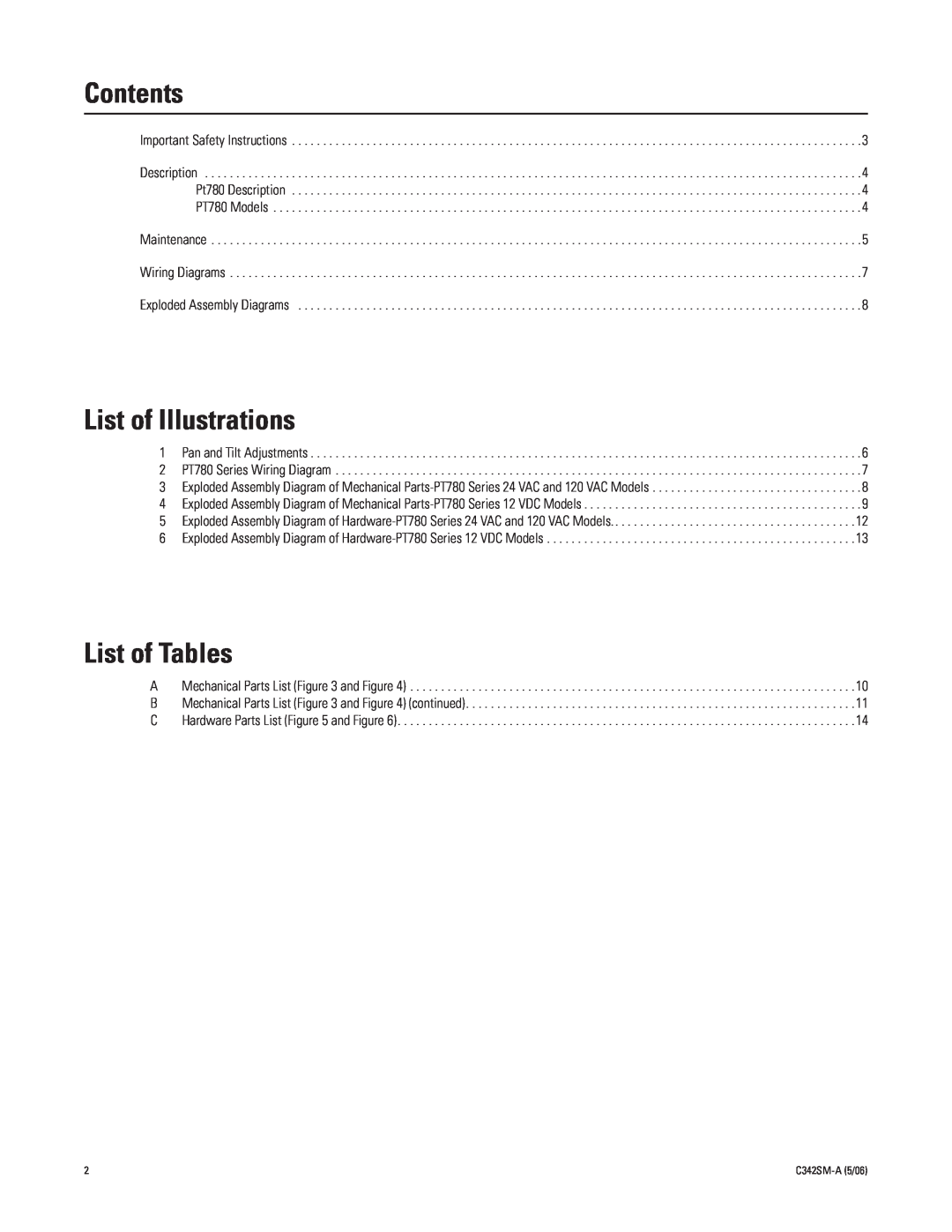 Pelco PT7800 manual Contents, List of Illustrations, List of Tables 
