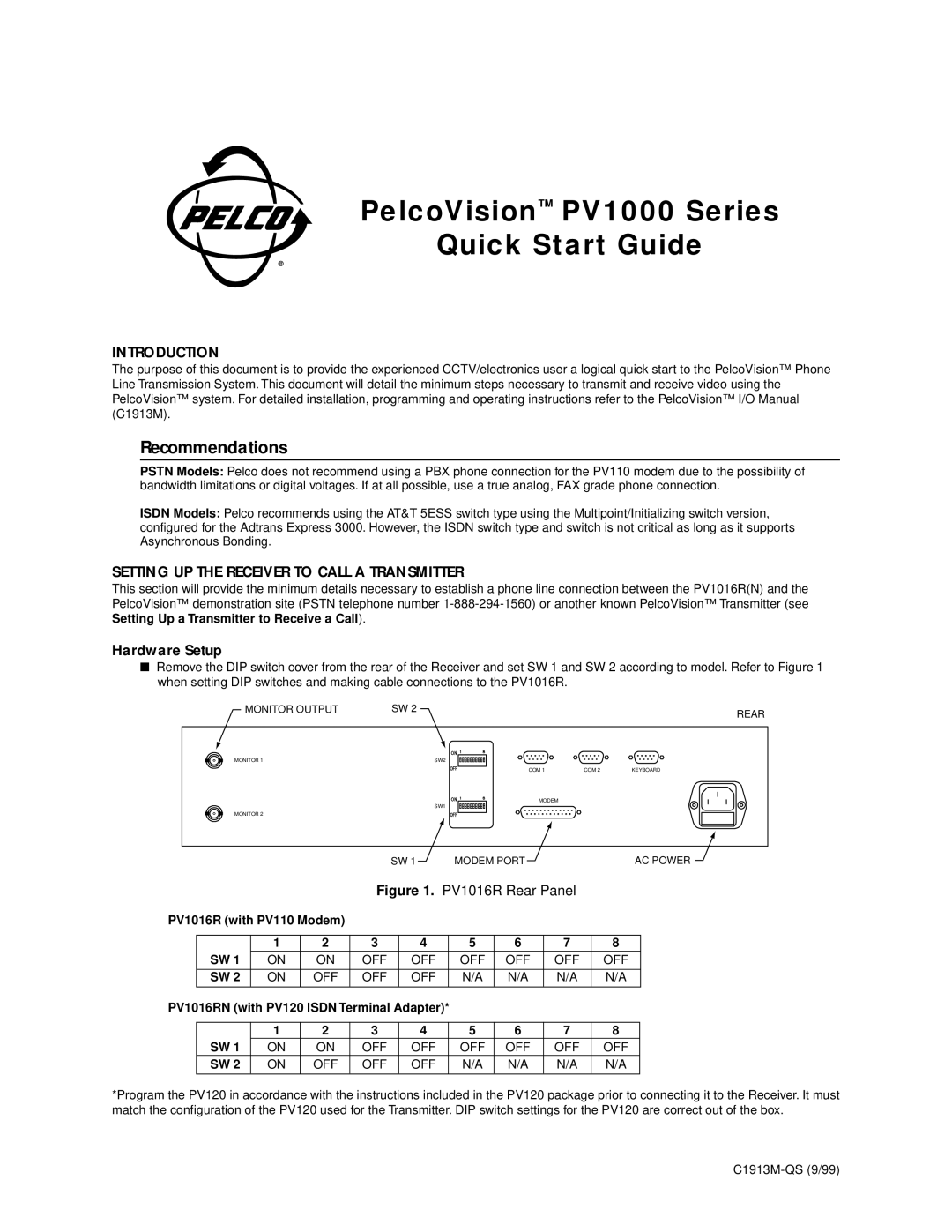 Pelco PV1016RN quick start Introduction, Setting UP the Receiver to Call a Transmitter, Hardware Setup 