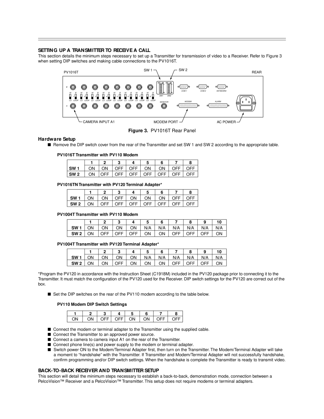 Pelco PV1016RN quick start Setting UP a Transmitter to Receive a Call, BACK-TO-BACK Receiver and Transmitter Setup 