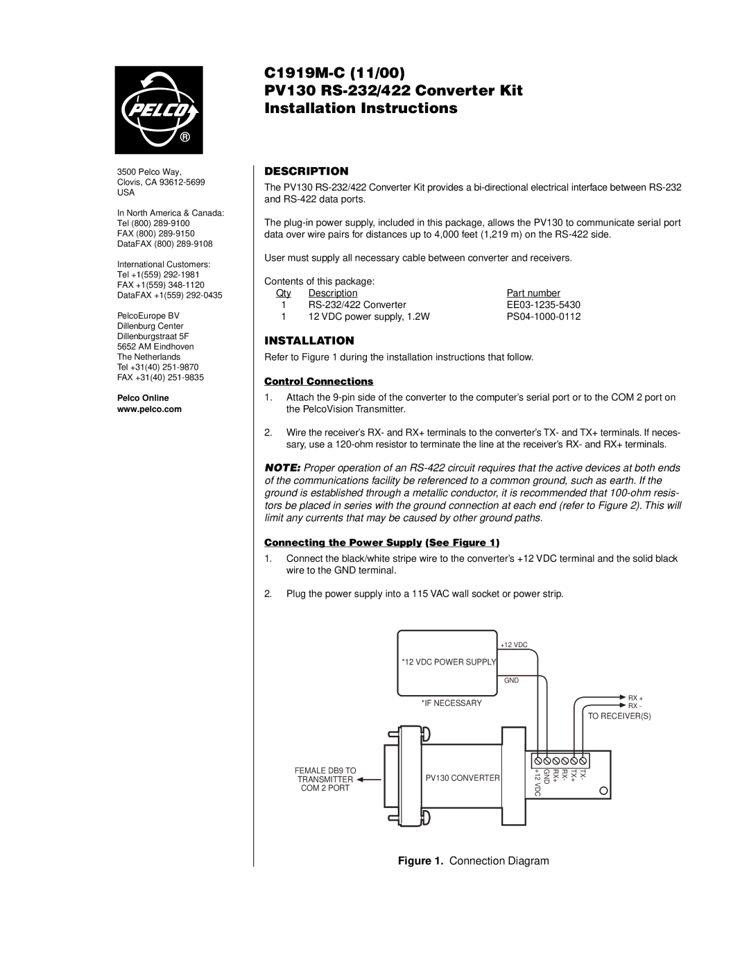 Pelco PV130 RS-422 installation instructions Description, Installation, Control Connections 