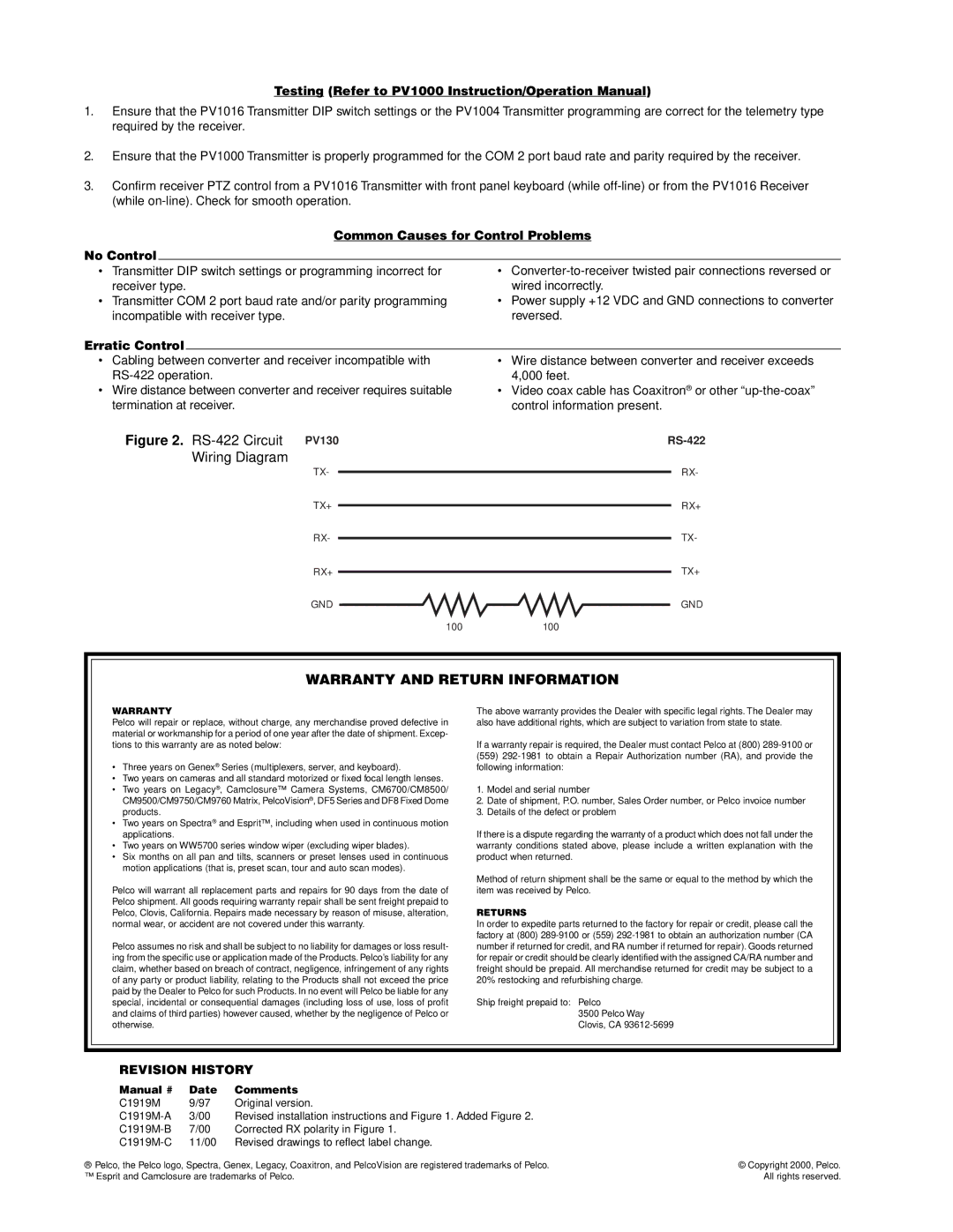 Pelco PV130 RS-422 Warranty and Return Information, Common Causes for Control Problems No Control, Erratic Control 