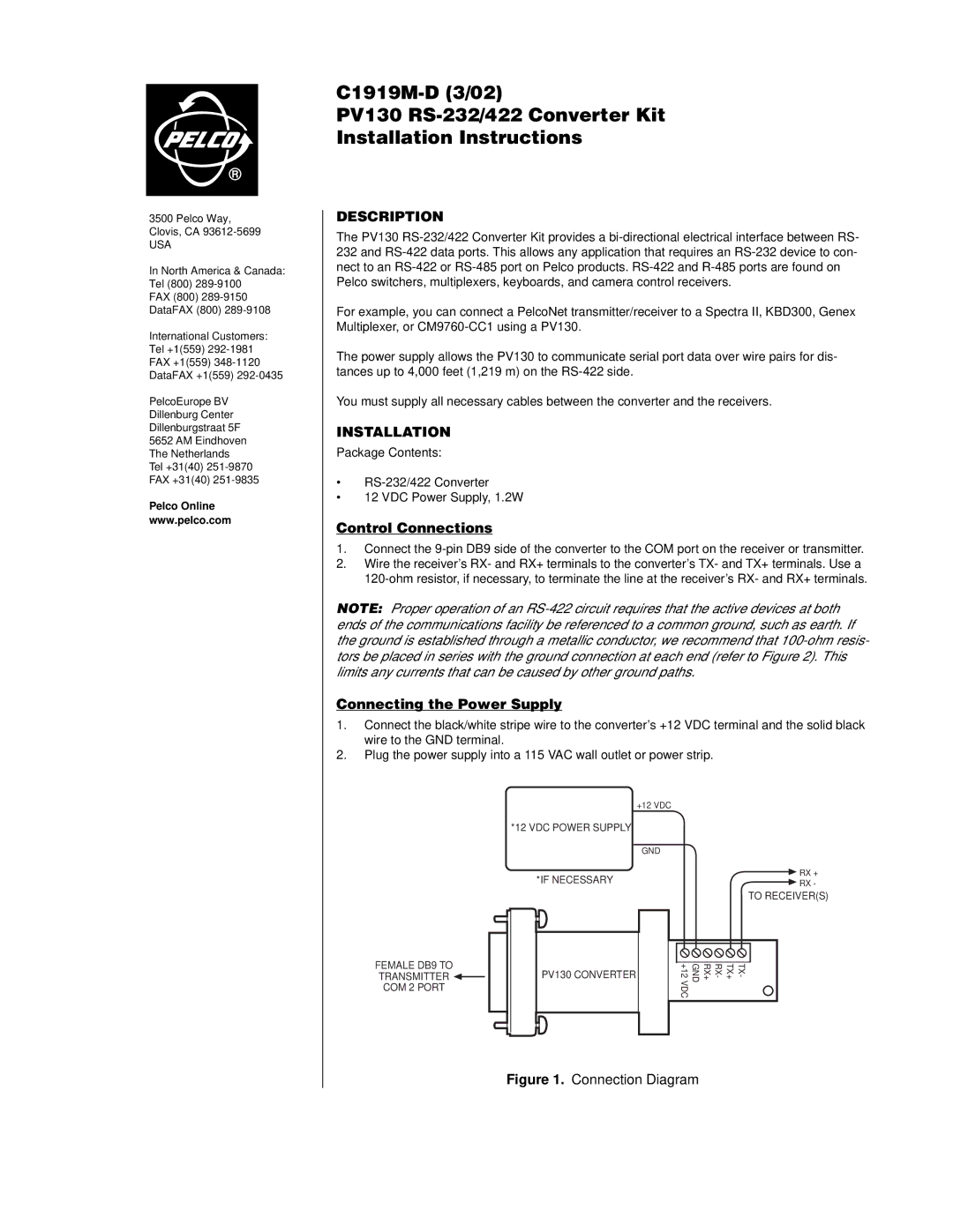 Pelco PV130 RS-422 installation instructions Description, Installation, Control Connections, Connecting the Power Supply 