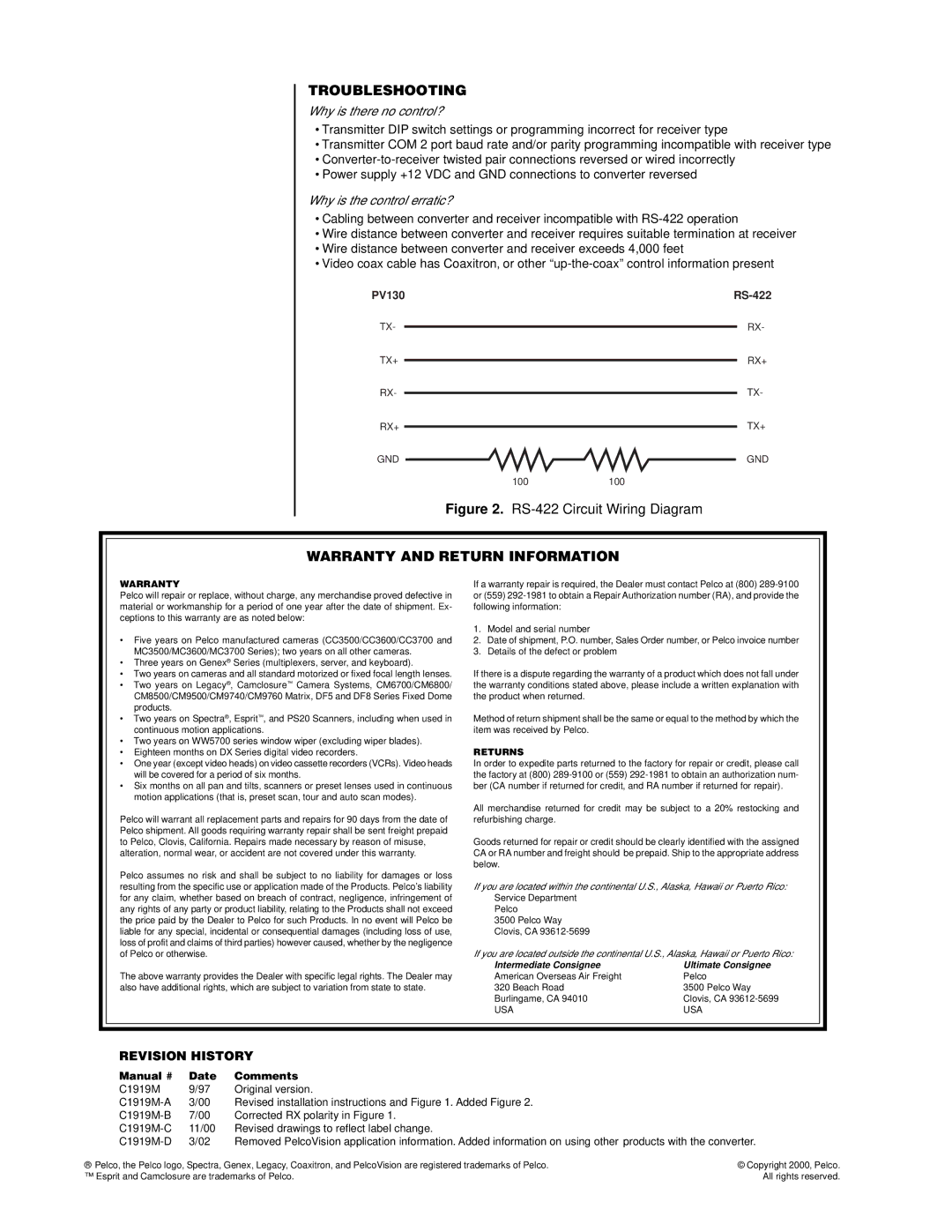 Pelco PV130 RS-422 Troubleshooting, Warranty and Return Information, Why is there no control?, Why is the control erratic? 