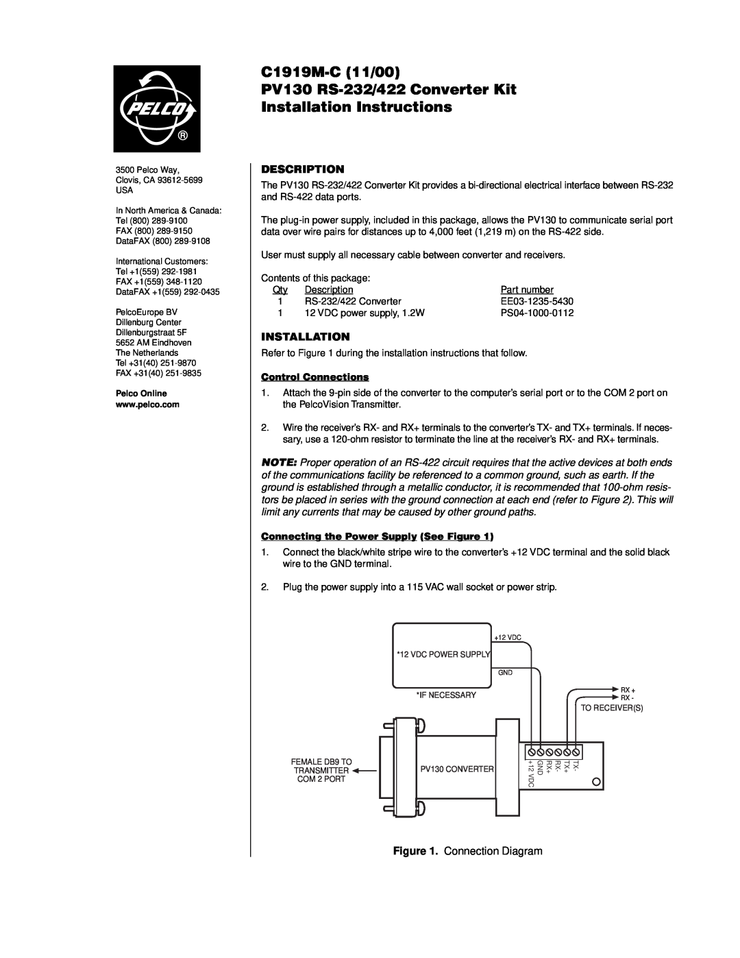 Pelco PV130 RS-422 installation instructions Description, Installation, Connection Diagram, Control Connections 
