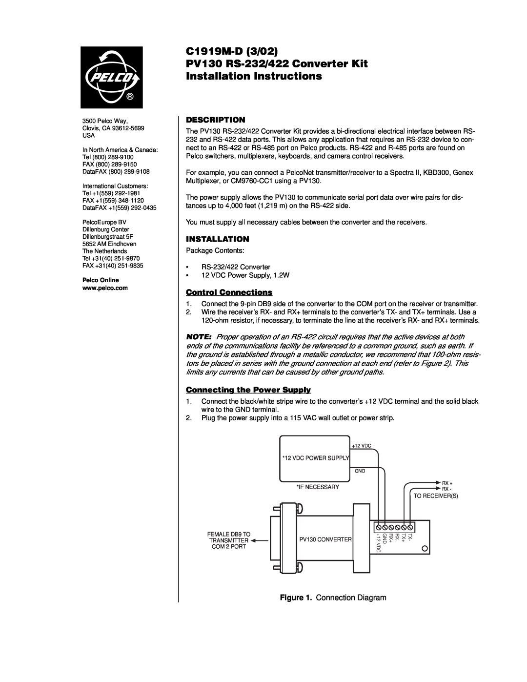 Pelco PV130 RS-422 installation instructions Description, Installation, Control Connections, Connecting the Power Supply 