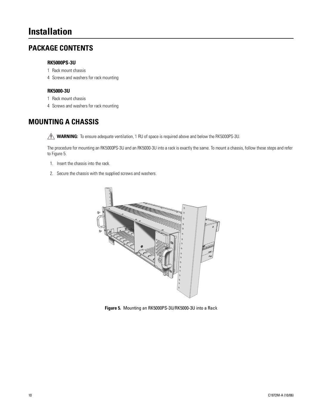 Pelco RK5000-3U manual Installation, Package Contents, Mounting a Chassis 