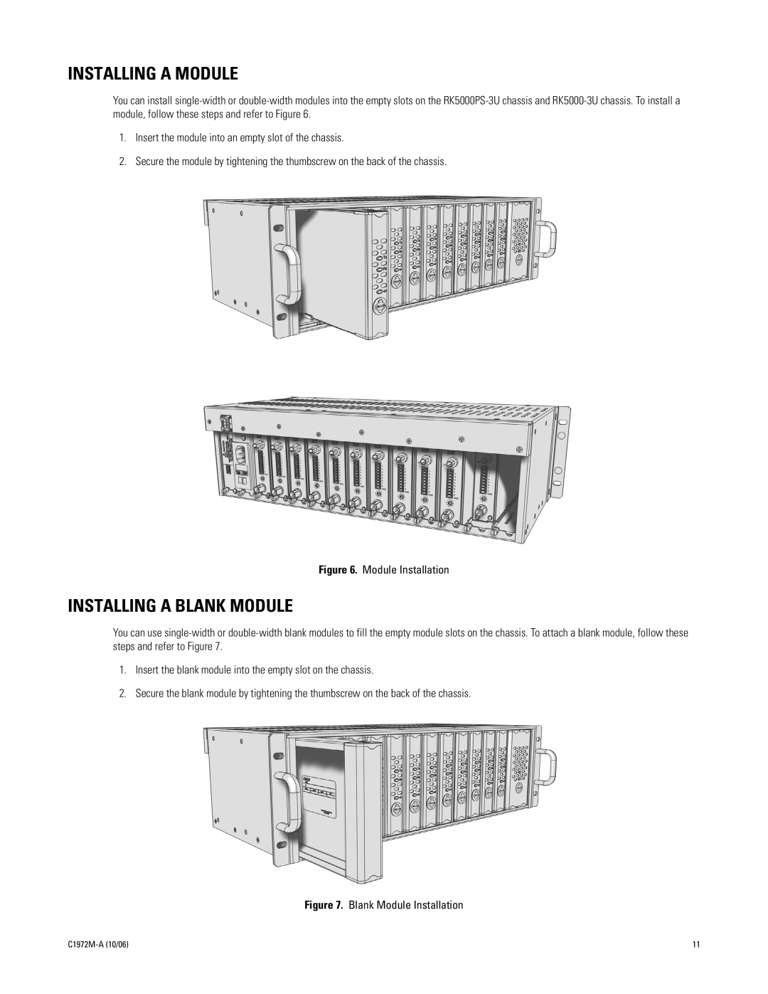 Pelco RK5000-3U manual Installing a Module, Installing a Blank Module 