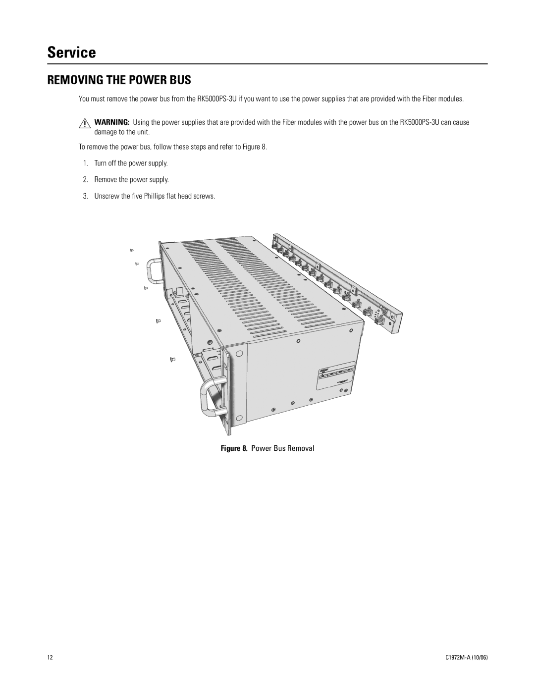 Pelco RK5000-3U manual Service, Removing the Power BUS 